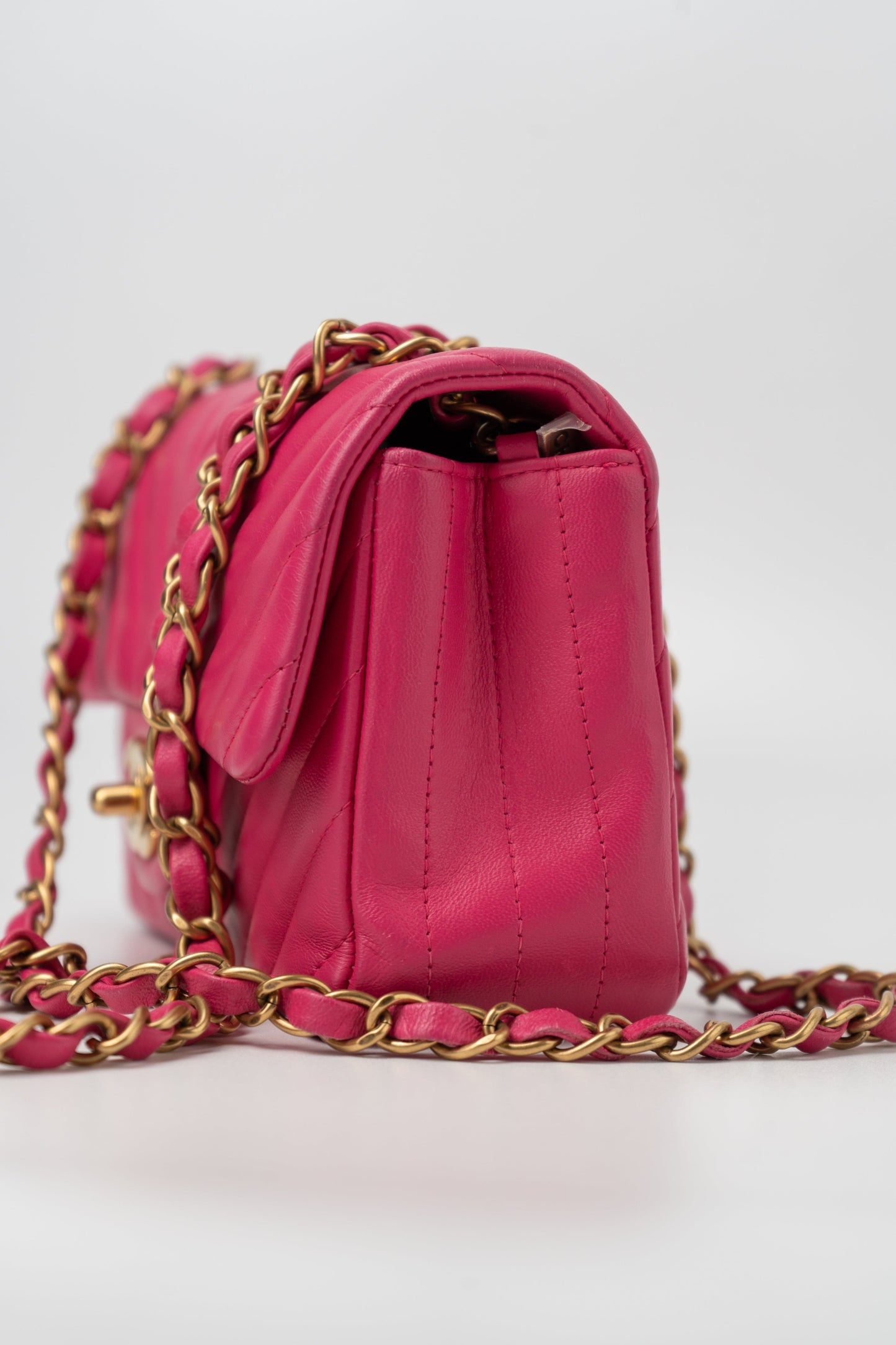 15s Pink Lambskin Chevron Mini Rectangular Flap Aged Gold Hardware