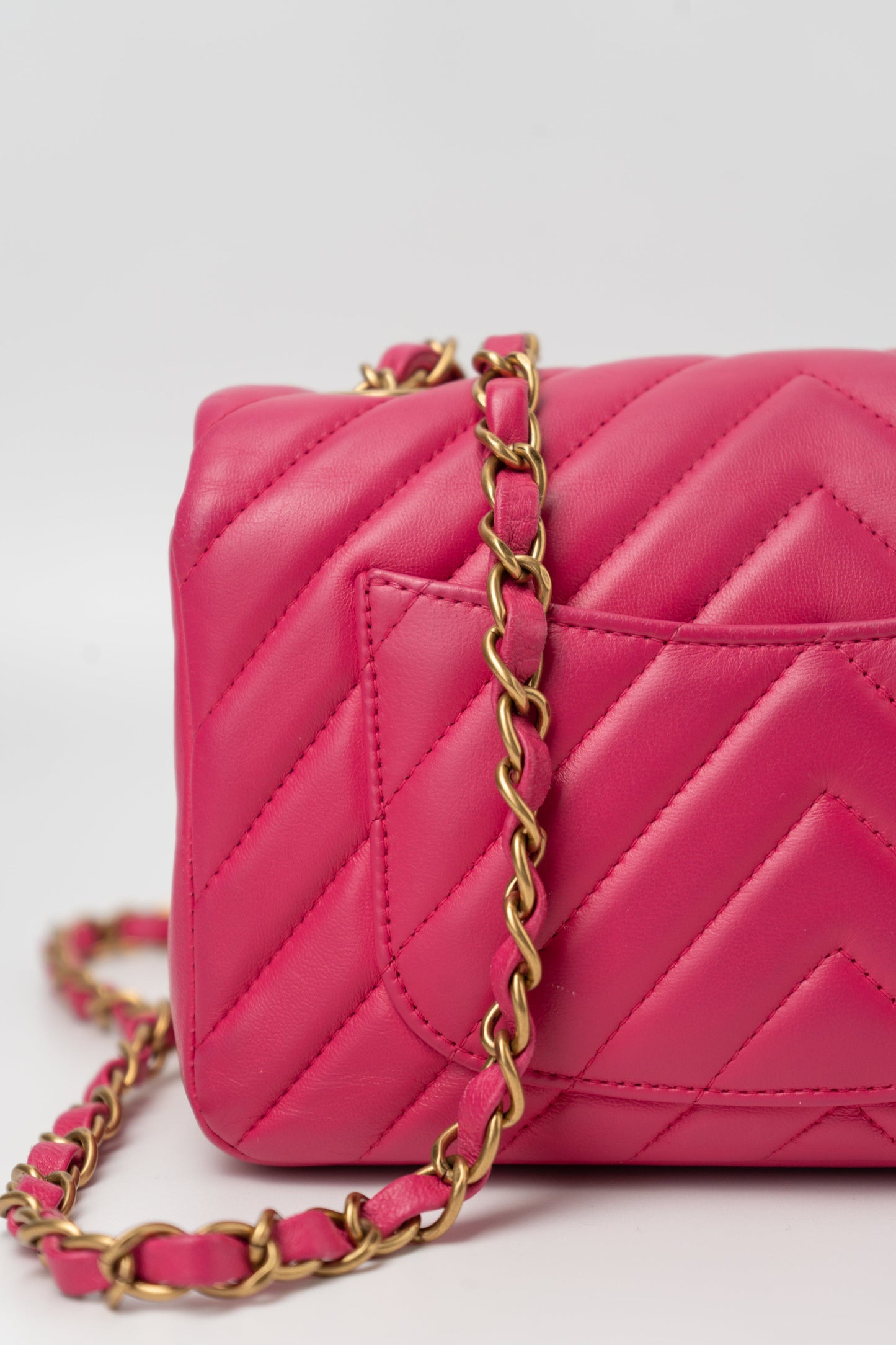 15s Pink Lambskin Chevron Mini Rectangular Flap Aged Gold Hardware