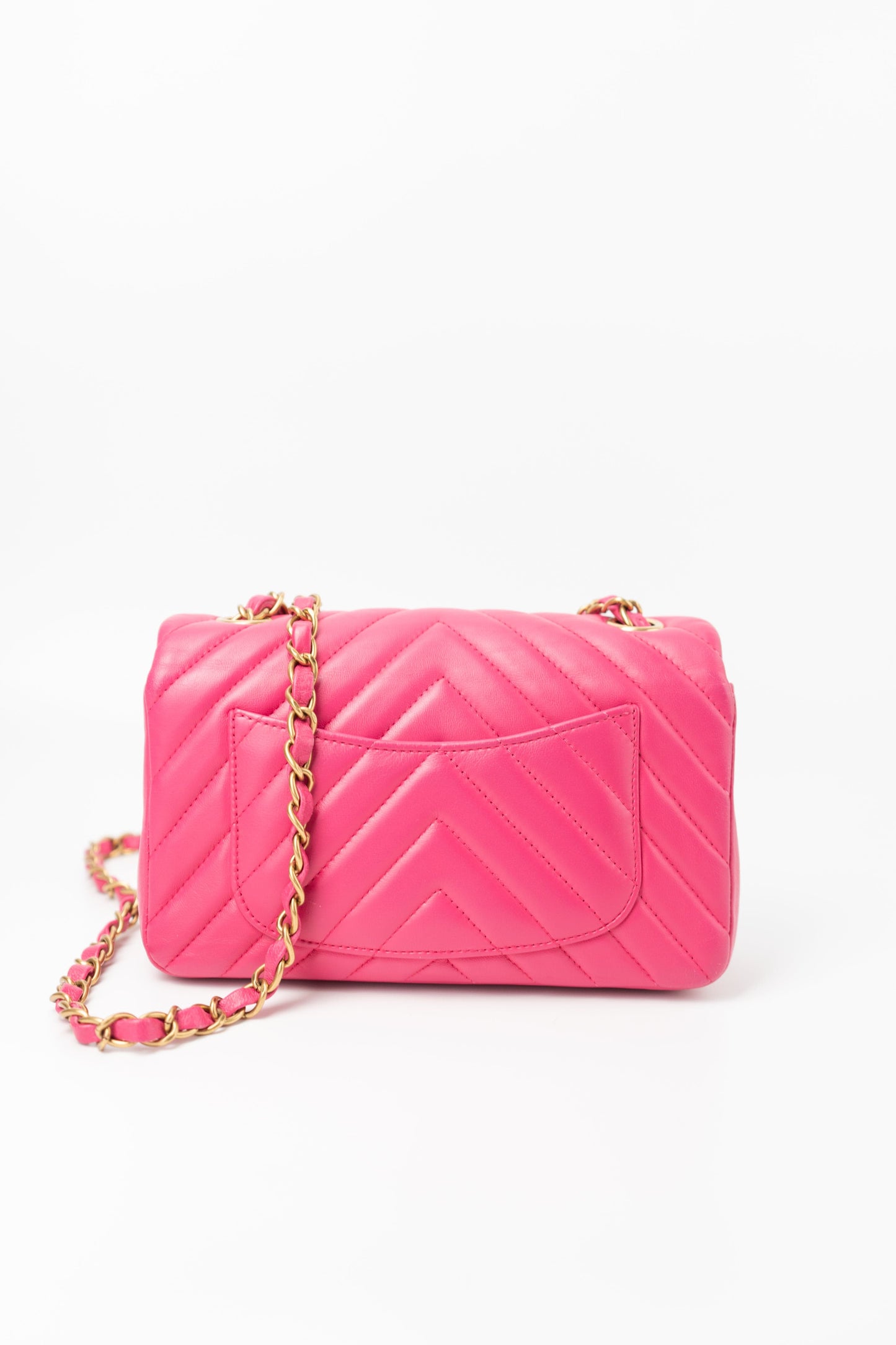 15s Pink Lambskin Chevron Mini Rectangular Flap Aged Gold Hardware