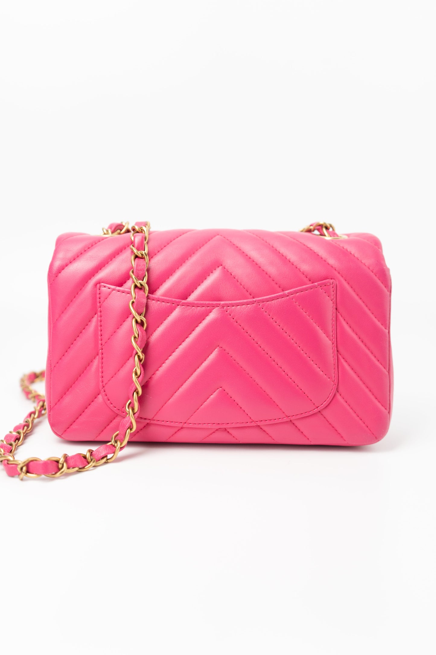 15s Pink Lambskin Chevron Mini Rectangular Flap Aged Gold Hardware