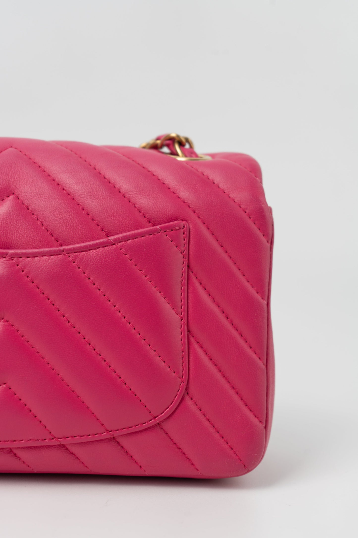 15s Pink Lambskin Chevron Mini Rectangular Flap Aged Gold Hardware