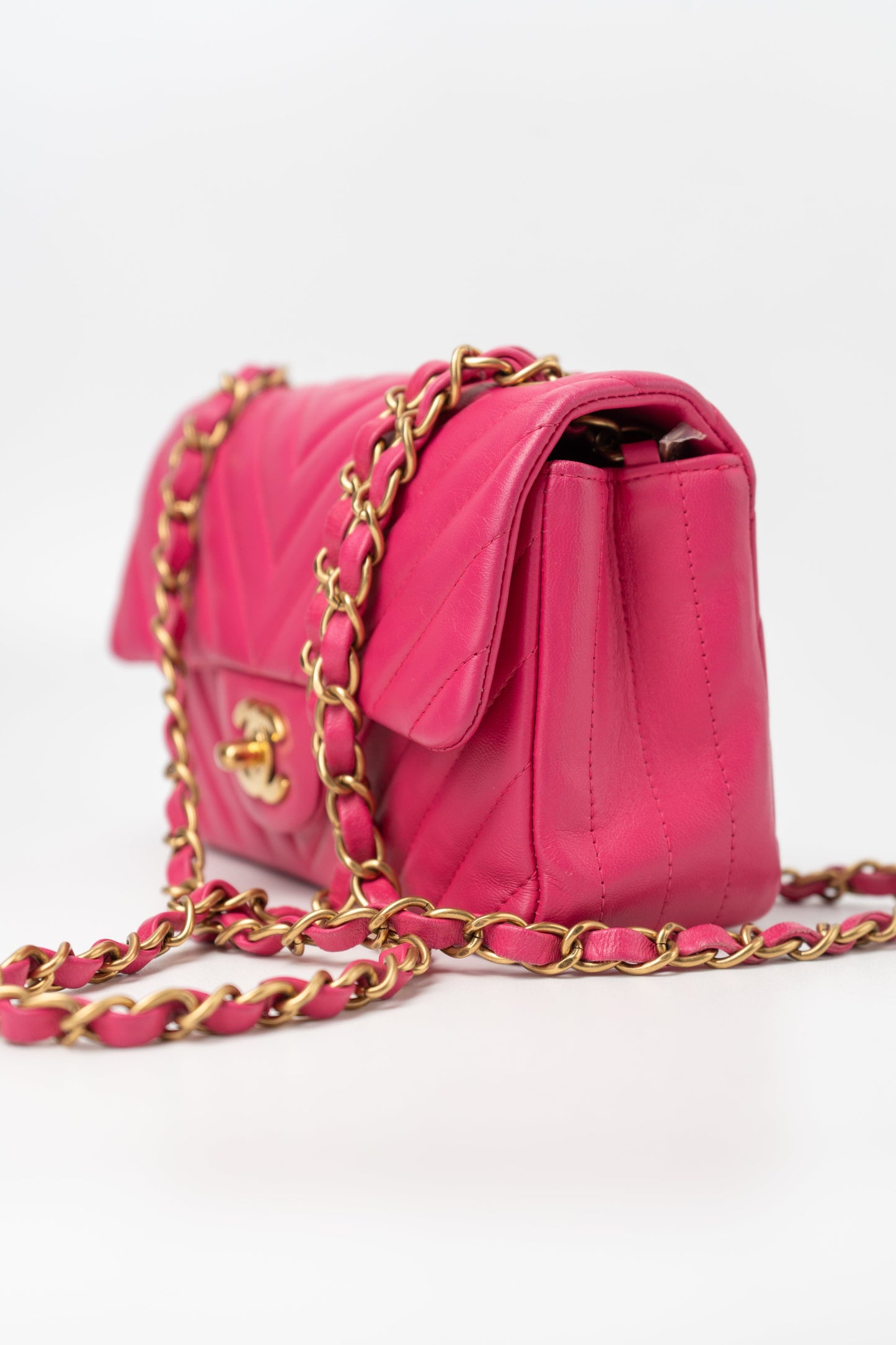 15s Pink Lambskin Chevron Mini Rectangular Flap Aged Gold Hardware