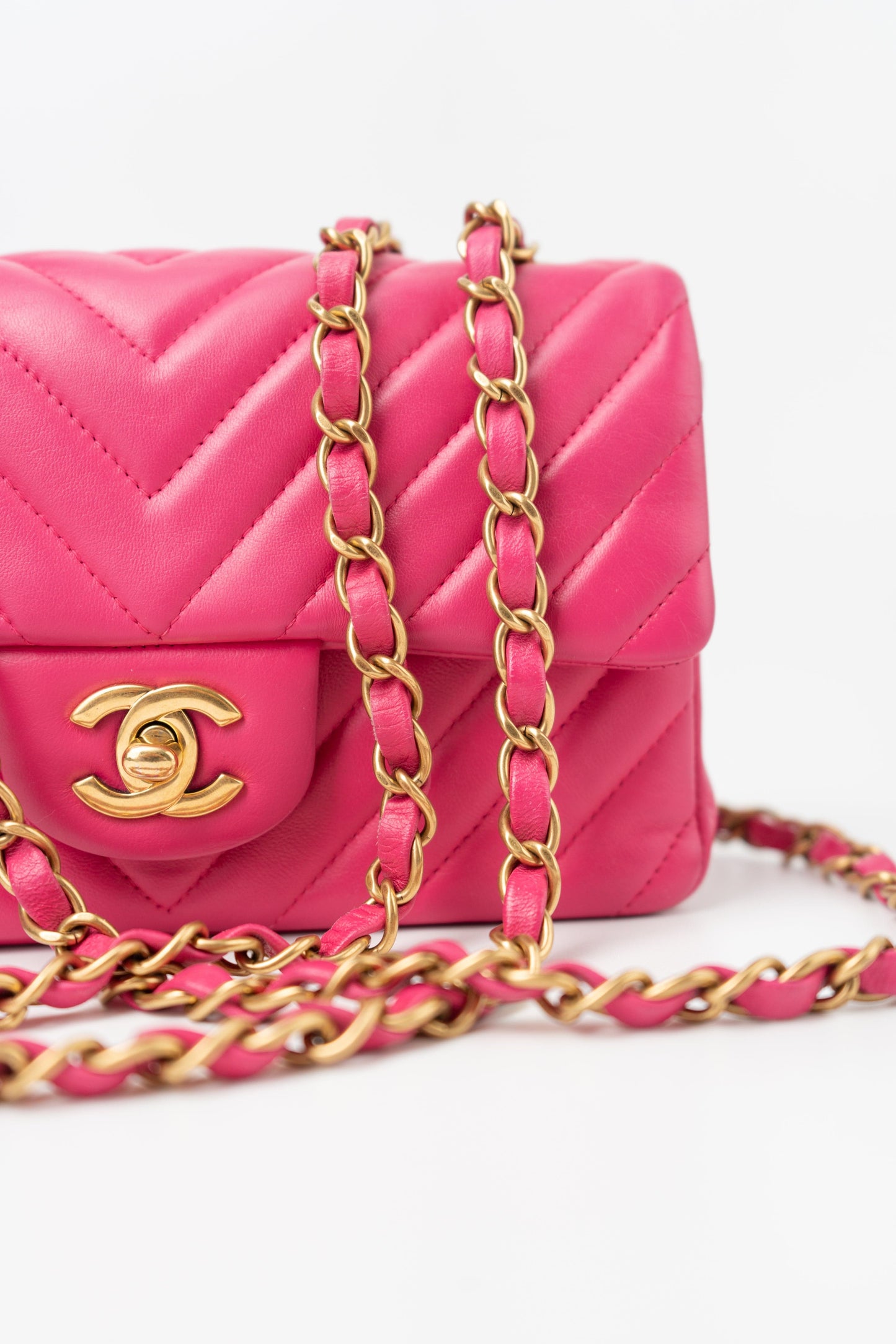 15s Pink Lambskin Chevron Mini Rectangular Flap Aged Gold Hardware