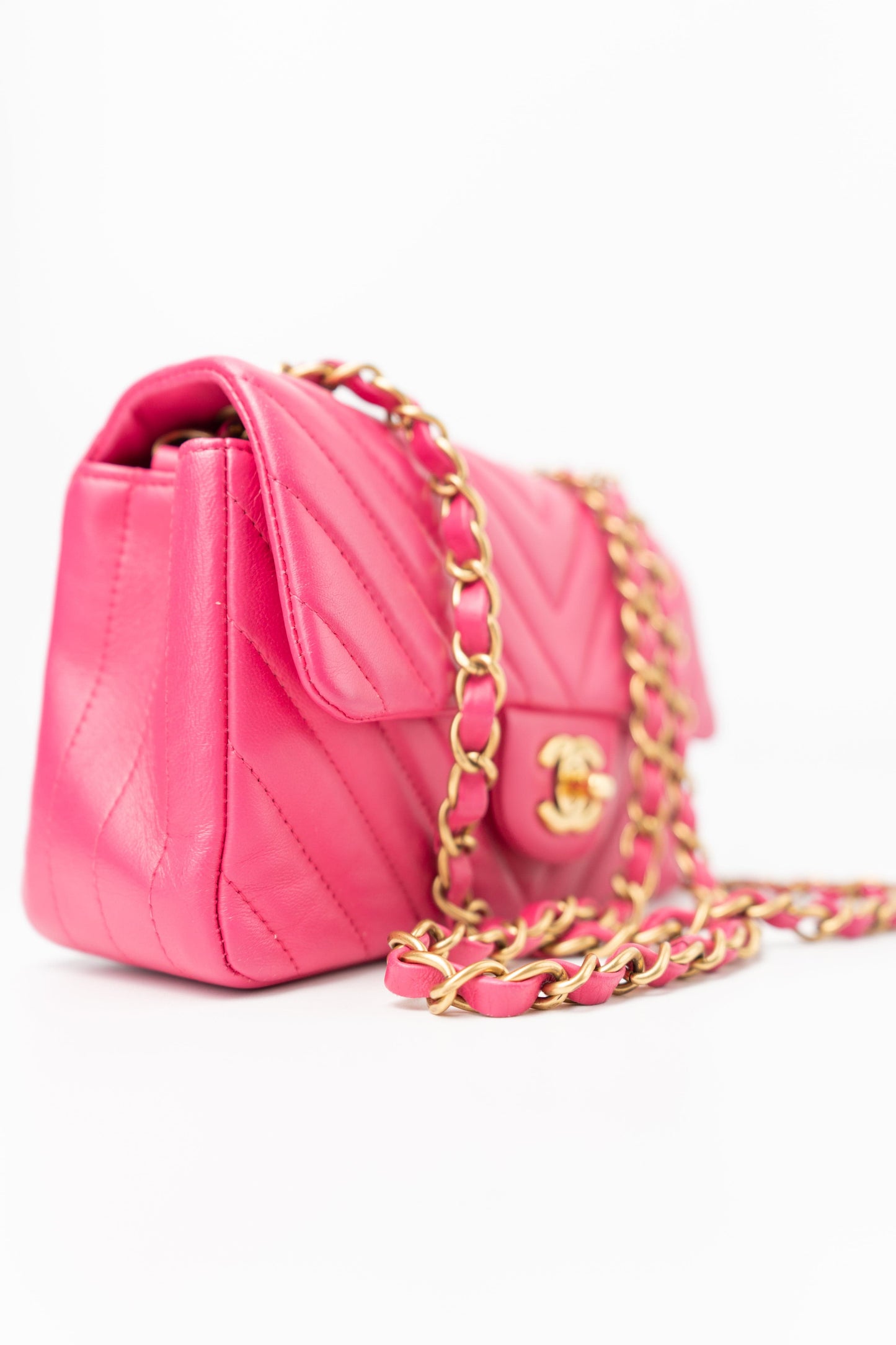 15s Pink Lambskin Chevron Mini Rectangular Flap Aged Gold Hardware