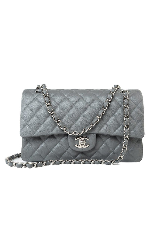 17B Grey Caviar Quilted Classic Flap Medium Silver Hardware