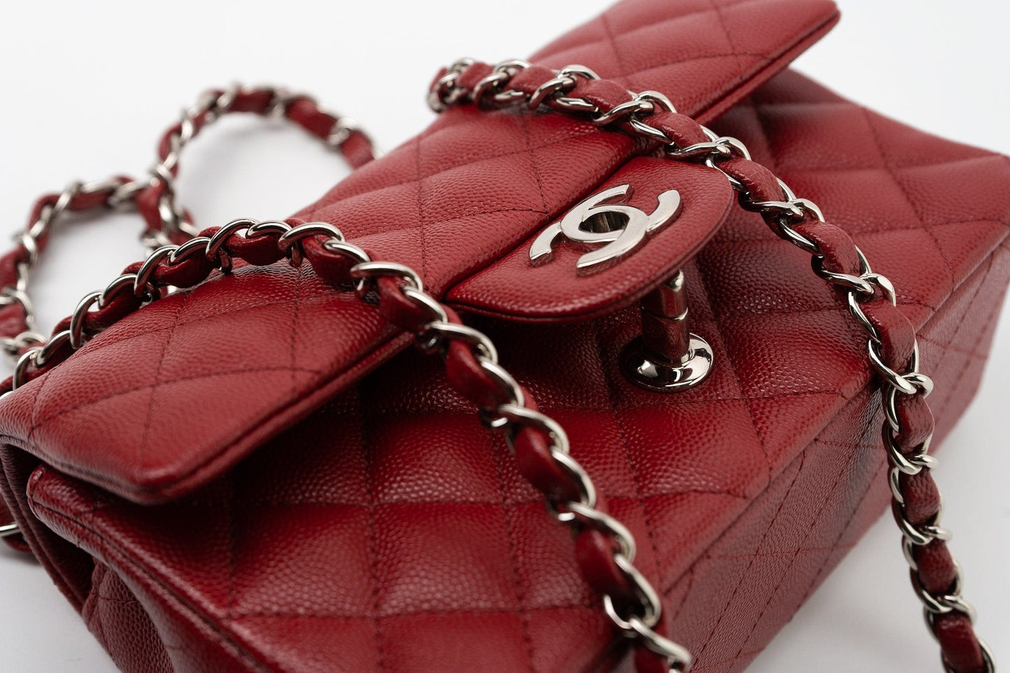 17B Mini Rectangular Red Caviar Quilted Flap Silver Hardware’s