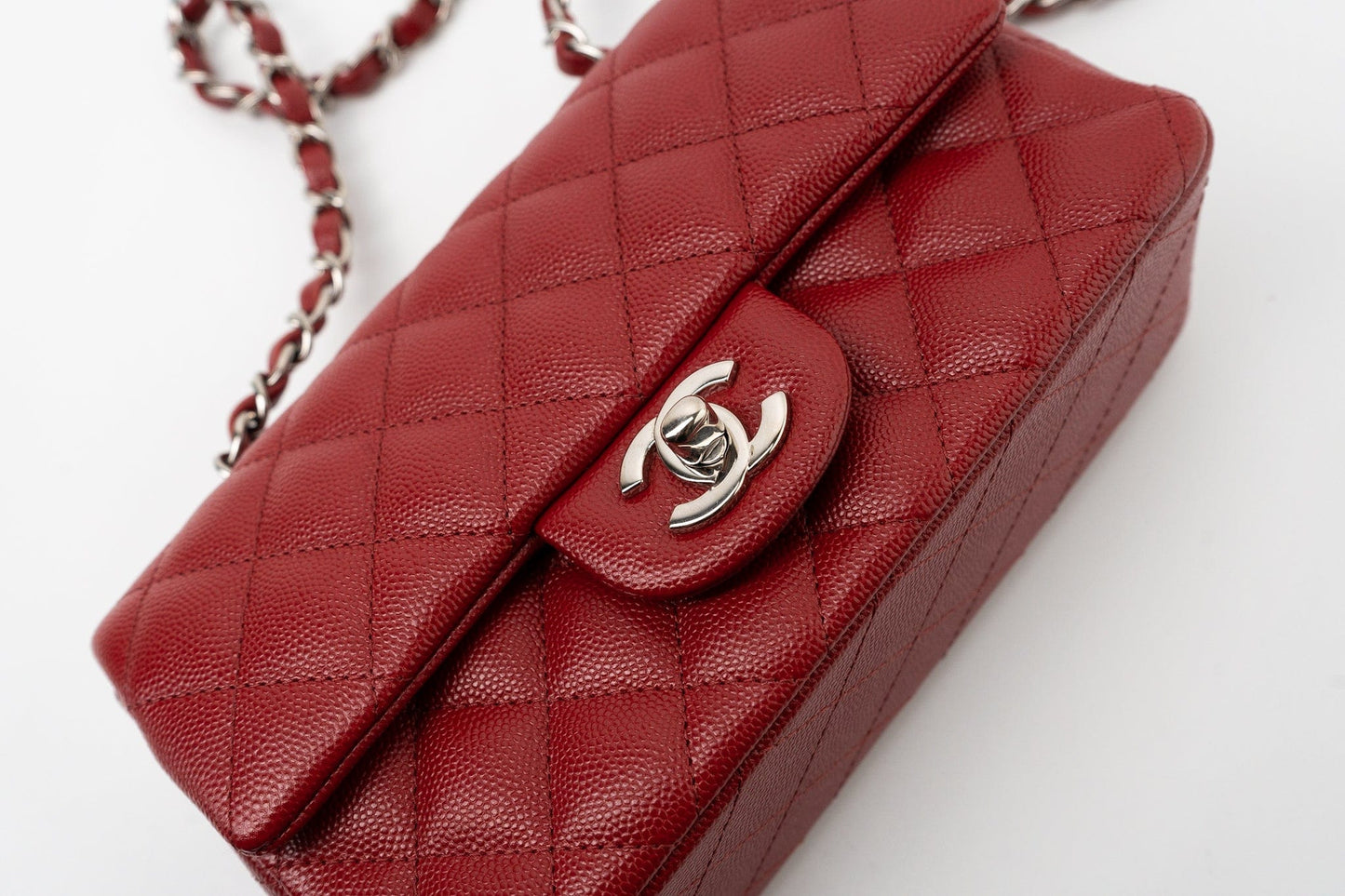 17B Mini Rectangular Red Caviar Quilted Flap Silver Hardware’s