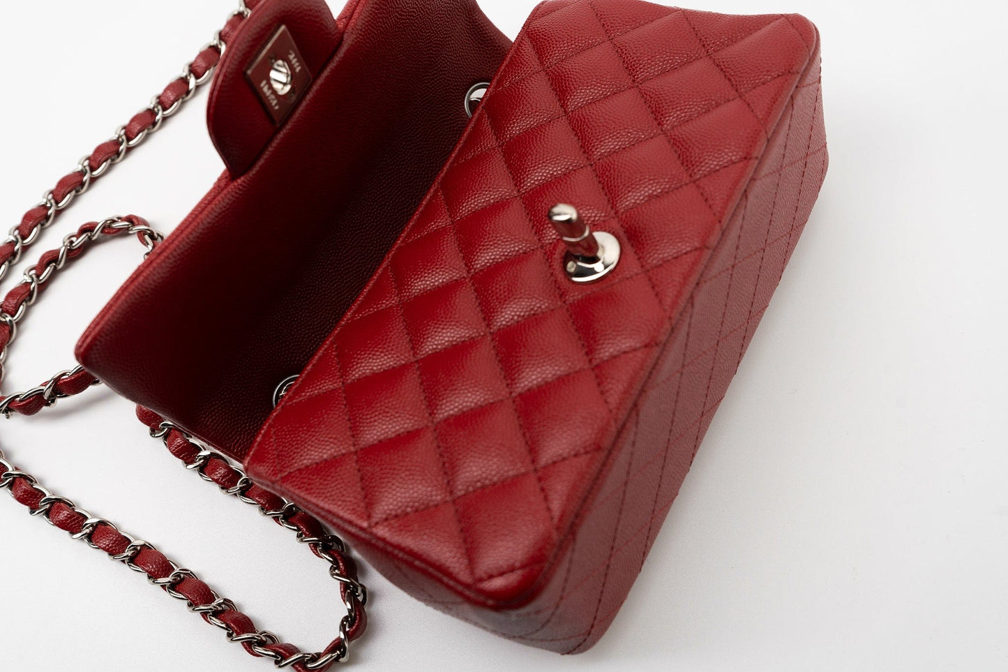 17B Mini Rectangular Red Caviar Quilted Flap Silver Hardware’s