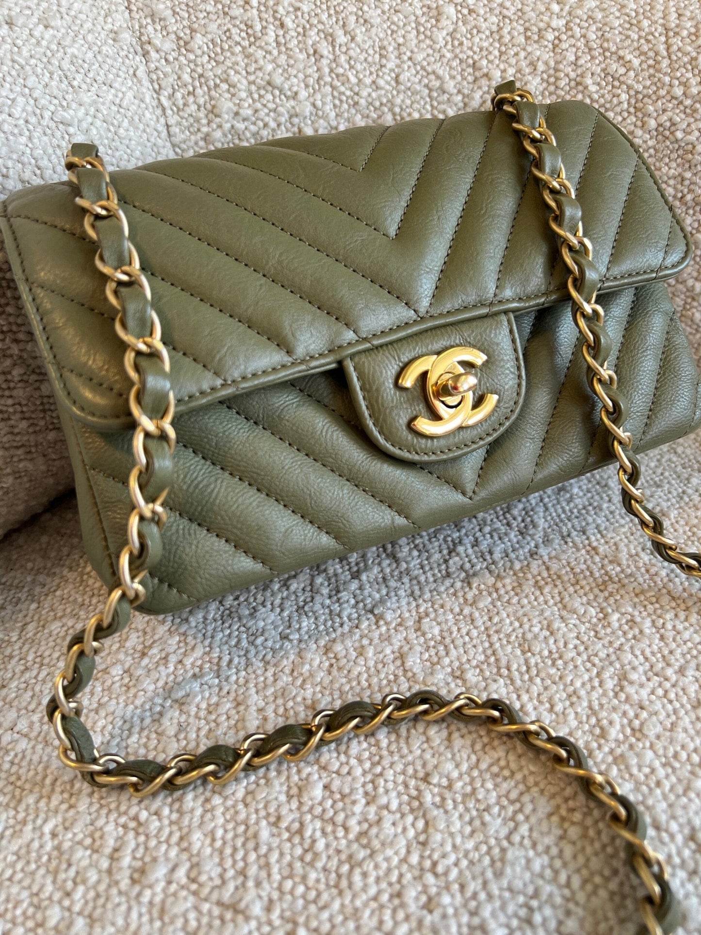 17C Khaki Green Chevron Calfskin Mini Rectangular Flap Brushed GHW