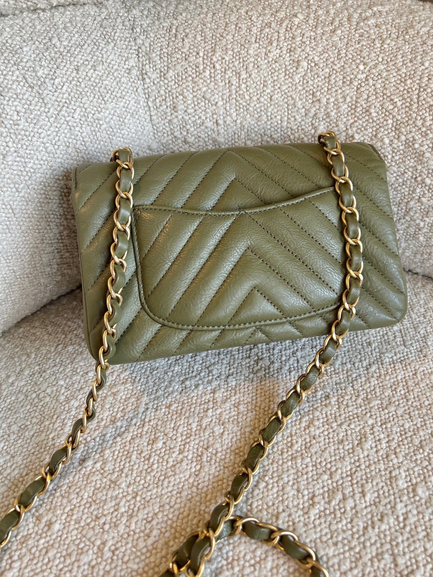 17C Khaki Green Chevron Calfskin Mini Rectangular Flap Brushed GHW