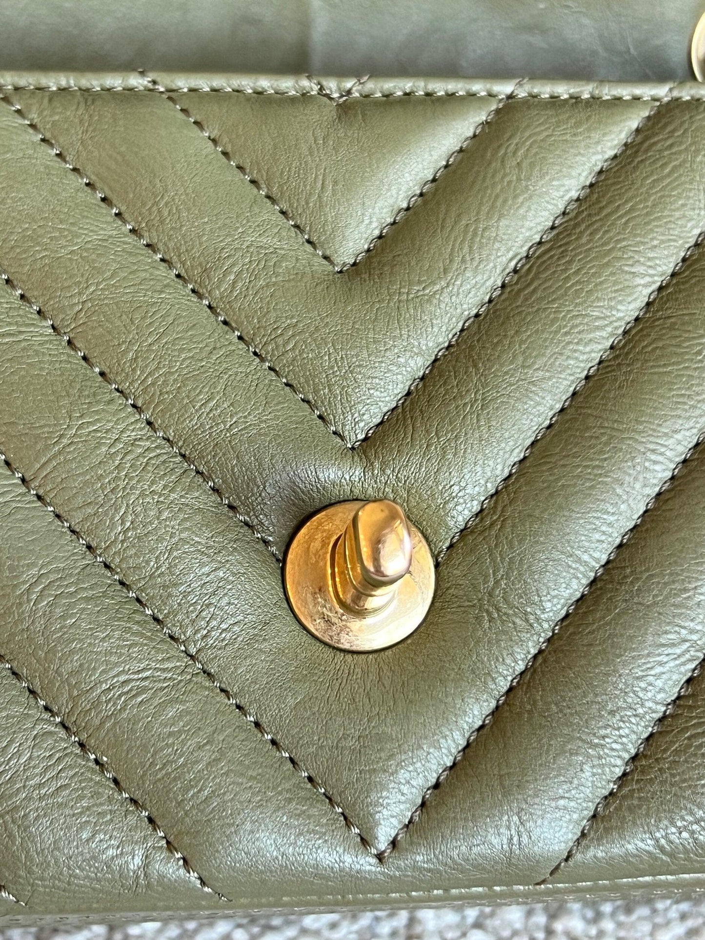 17C Khaki Green Chevron Calfskin Mini Rectangular Flap Brushed GHW