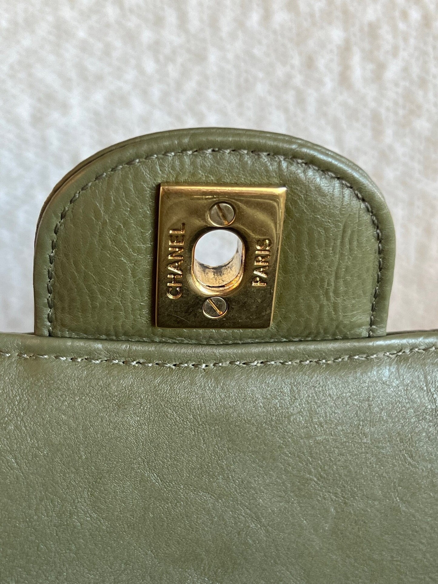 17C Khaki Green Chevron Calfskin Mini Rectangular Flap Brushed GHW
