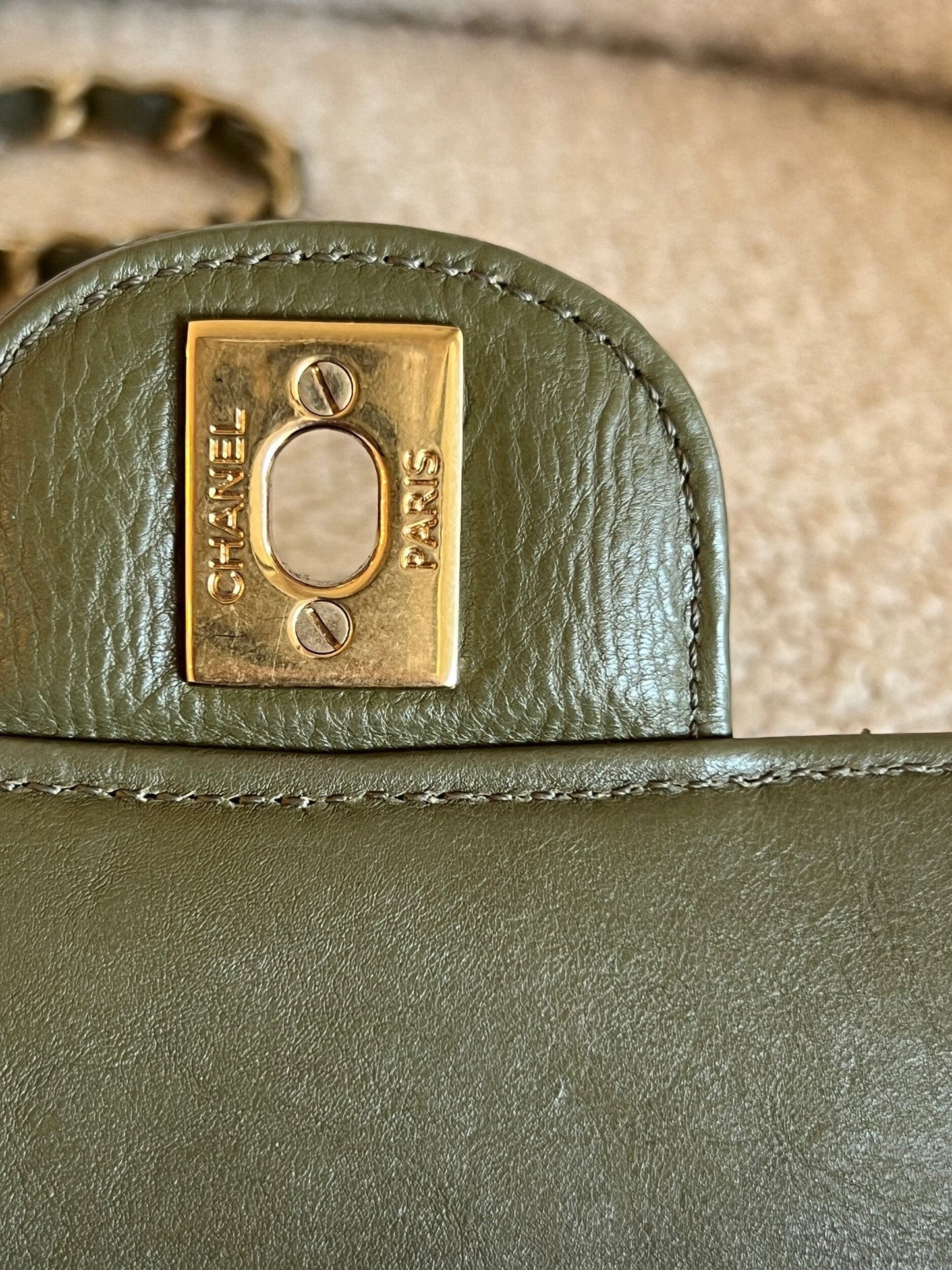 17C Khaki Green Chevron Calfskin Mini Rectangular Flap Brushed GHW