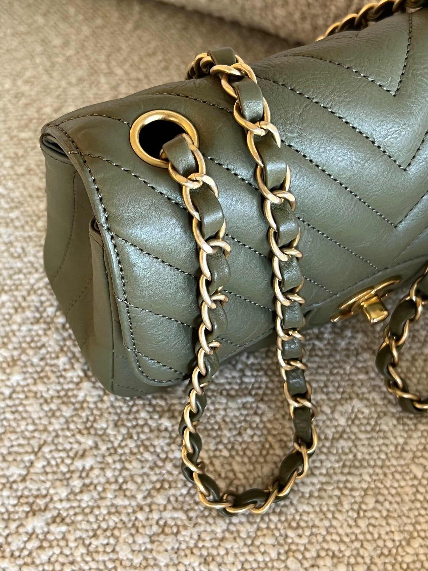 17C Khaki Green Chevron Calfskin Mini Rectangular Flap Brushed GHW