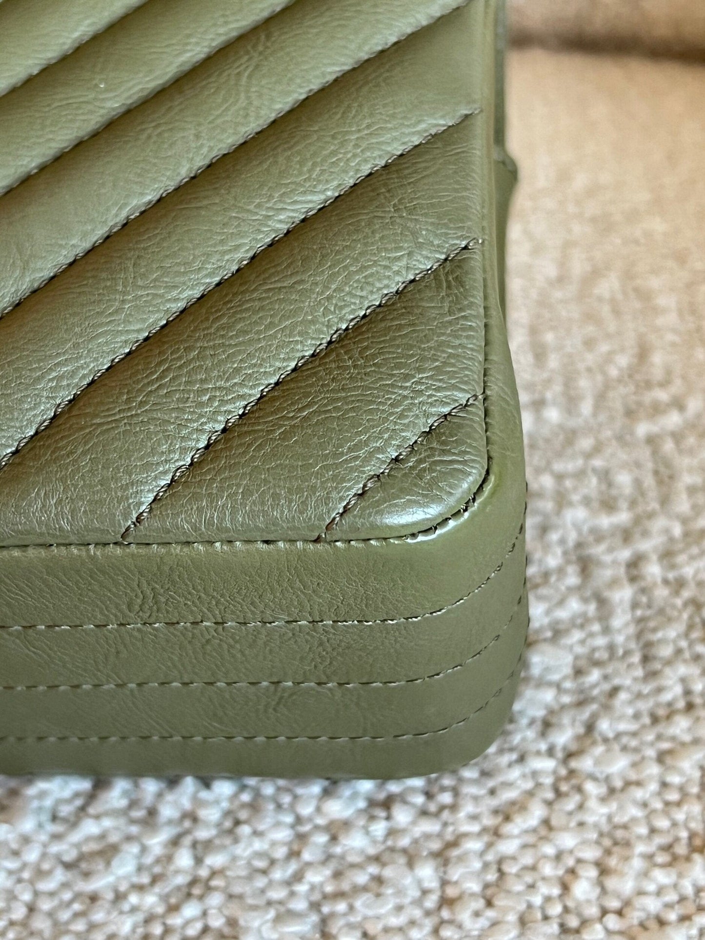 17C Khaki Green Chevron Calfskin Mini Rectangular Flap Brushed GHW