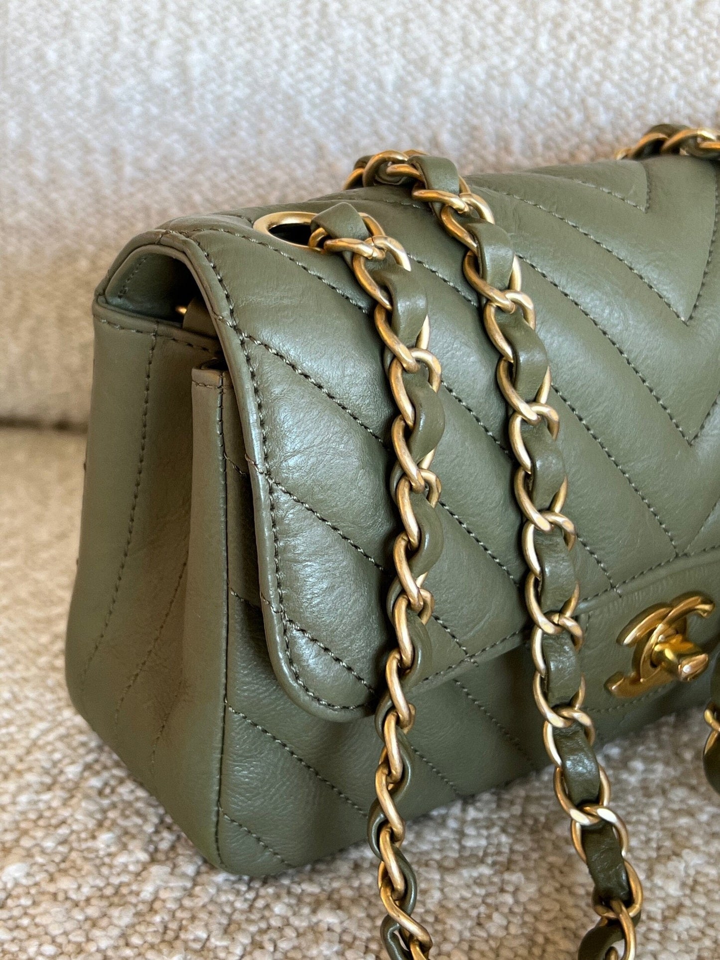 17C Khaki Green Chevron Calfskin Mini Rectangular Flap Brushed GHW