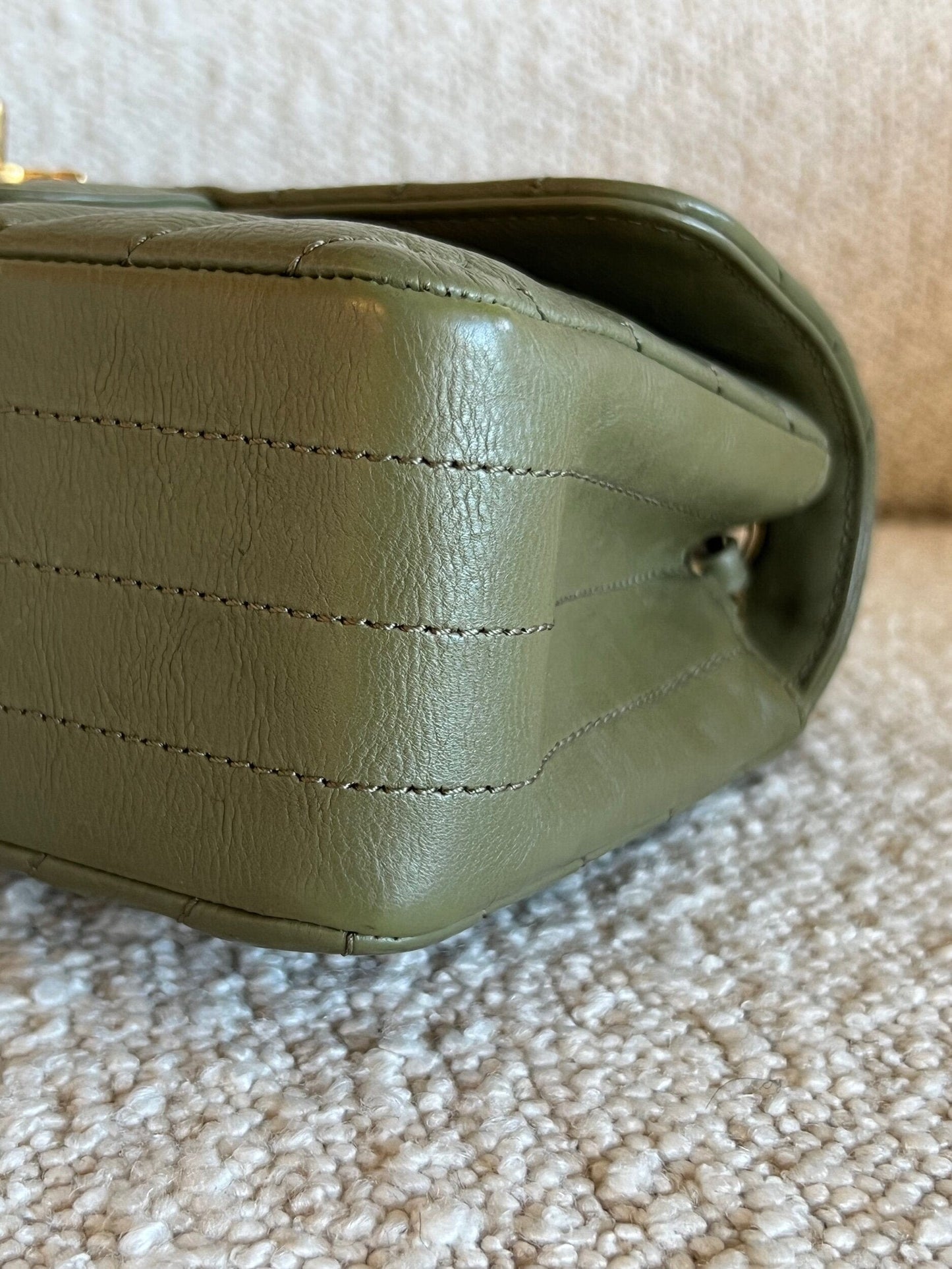 17C Khaki Green Chevron Calfskin Mini Rectangular Flap Brushed GHW
