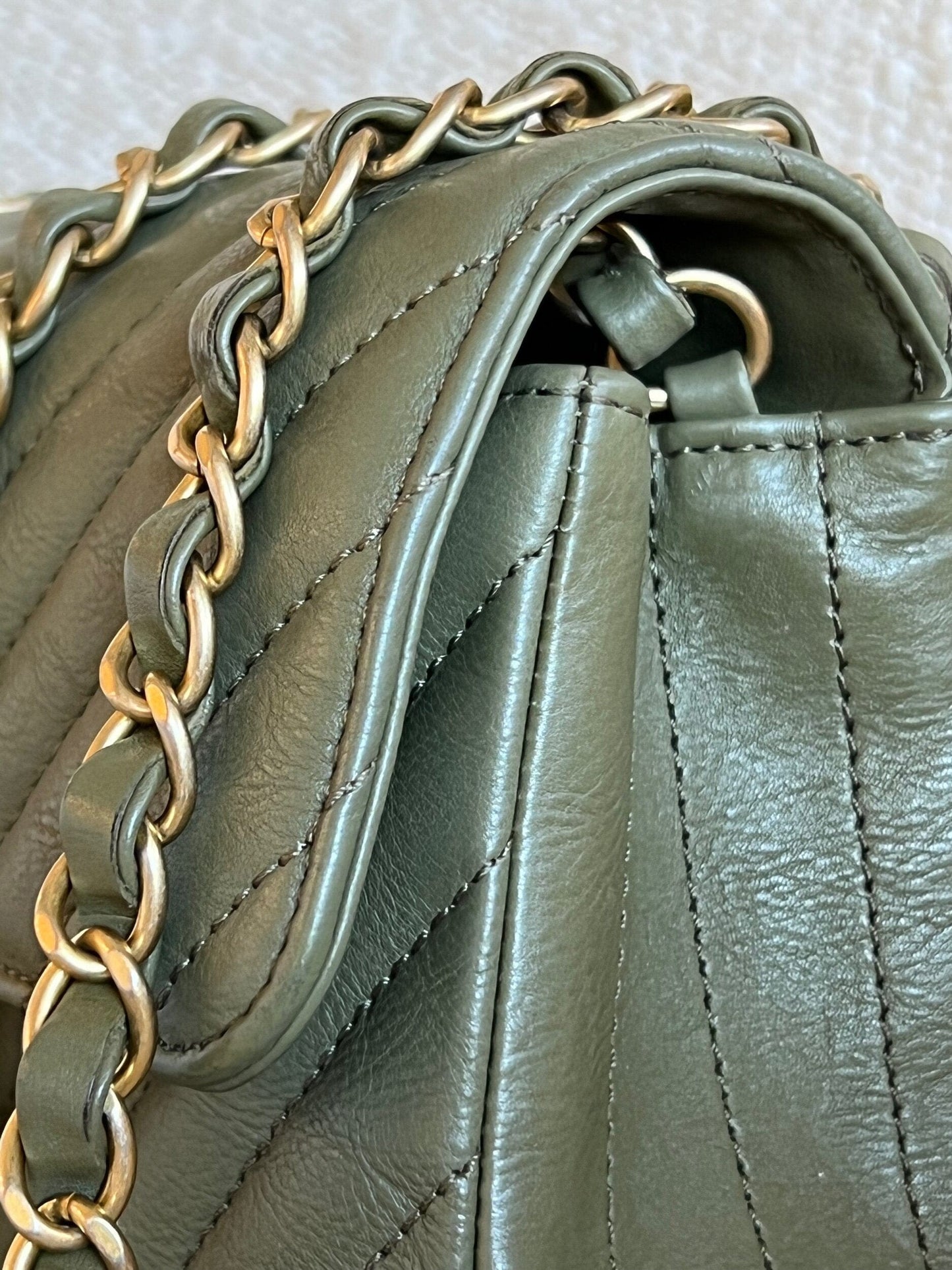 17C Khaki Green Chevron Calfskin Mini Rectangular Flap Brushed GHW