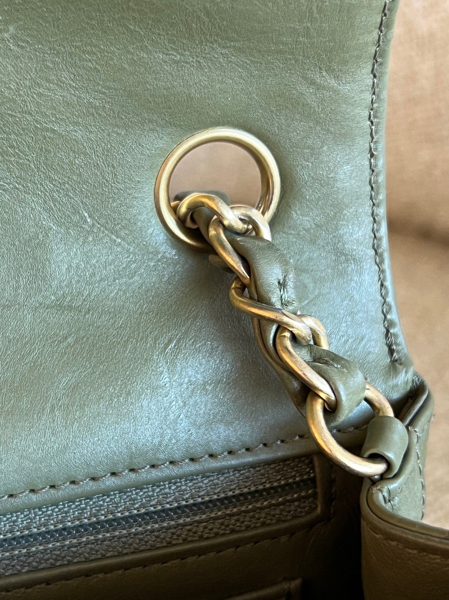 17C Khaki Green Chevron Calfskin Mini Rectangular Flap Brushed GHW