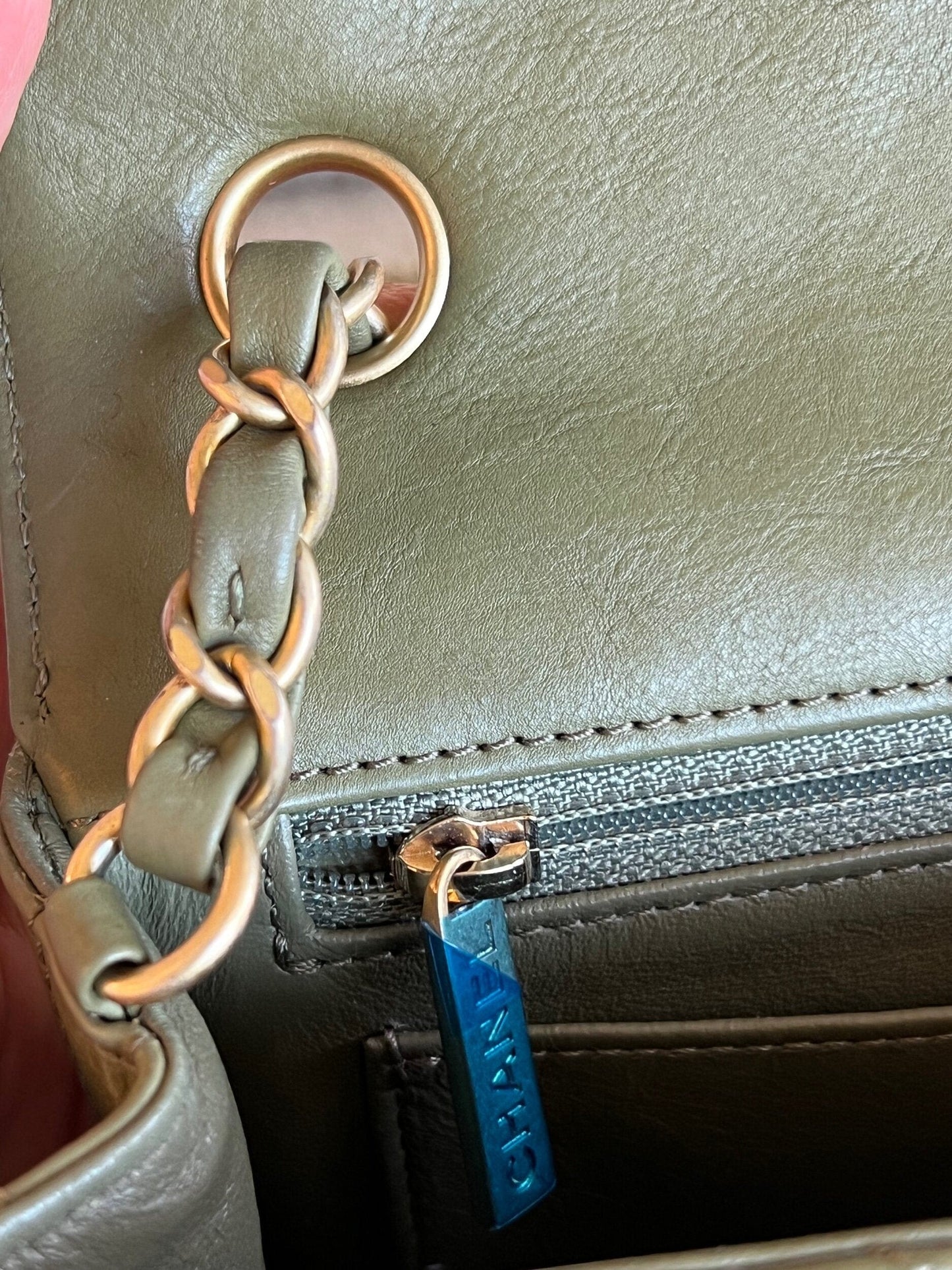 17C Khaki Green Chevron Calfskin Mini Rectangular Flap Brushed GHW