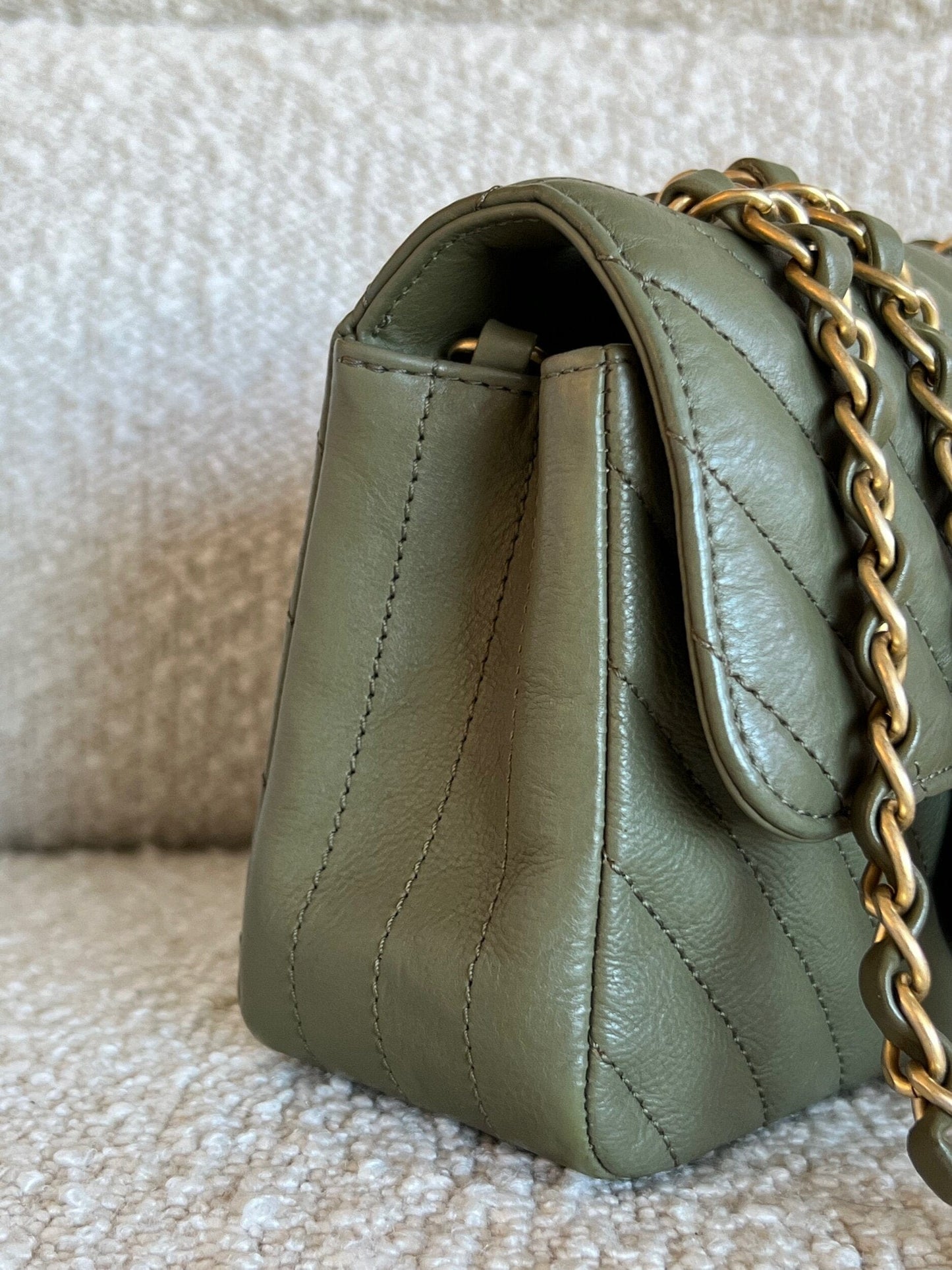 17C Khaki Green Chevron Calfskin Mini Rectangular Flap Brushed GHW