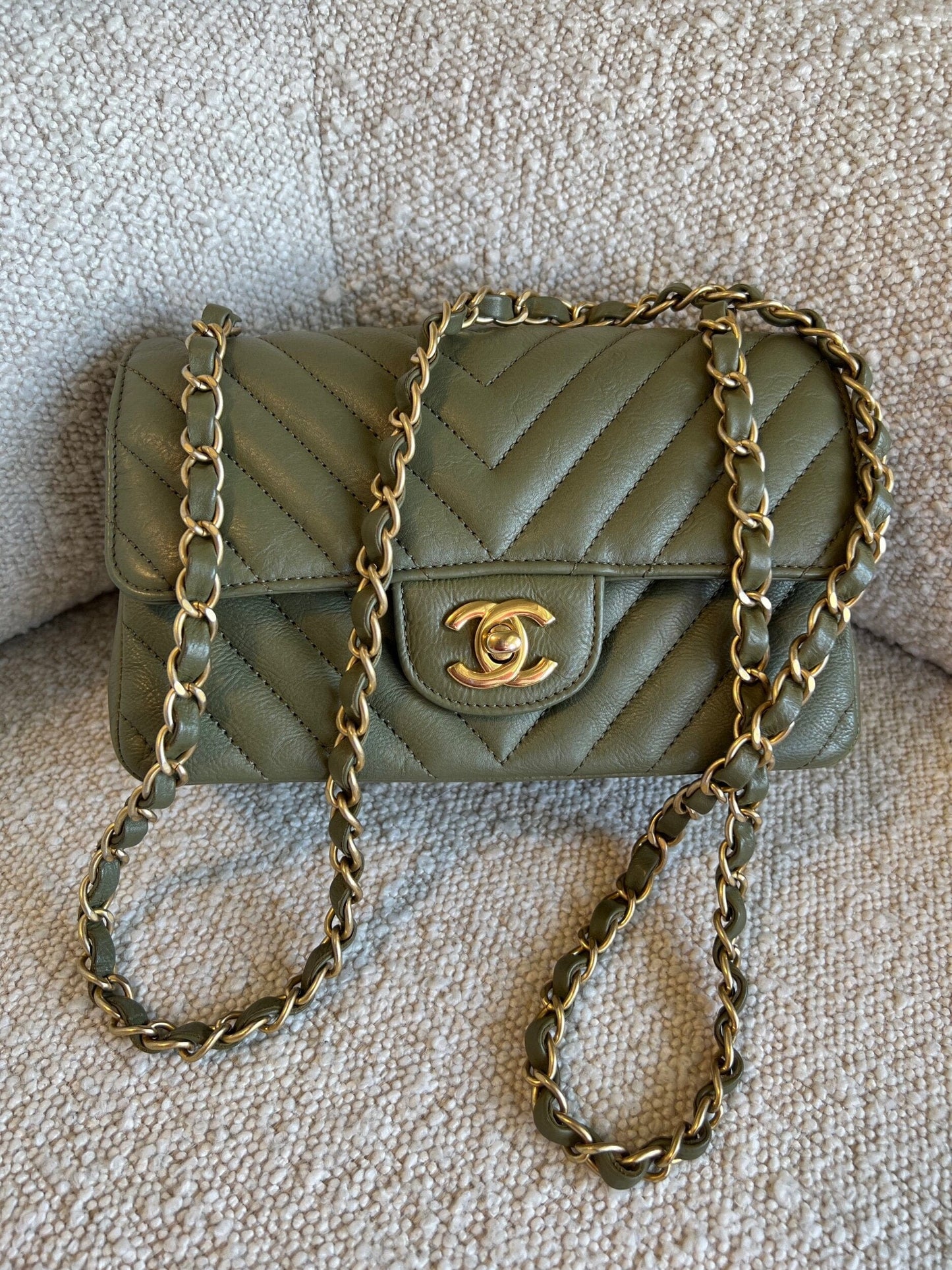 17C Khaki Green Chevron Calfskin Mini Rectangular Flap Brushed GHW