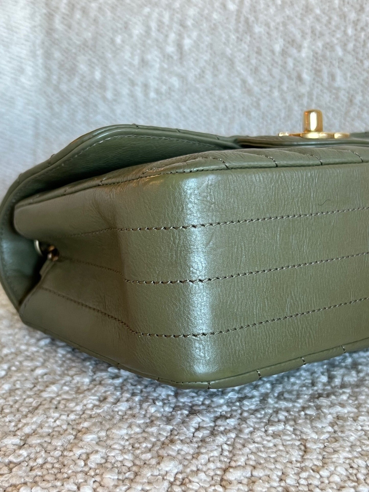 17C Khaki Green Chevron Calfskin Mini Rectangular Flap Brushed GHW