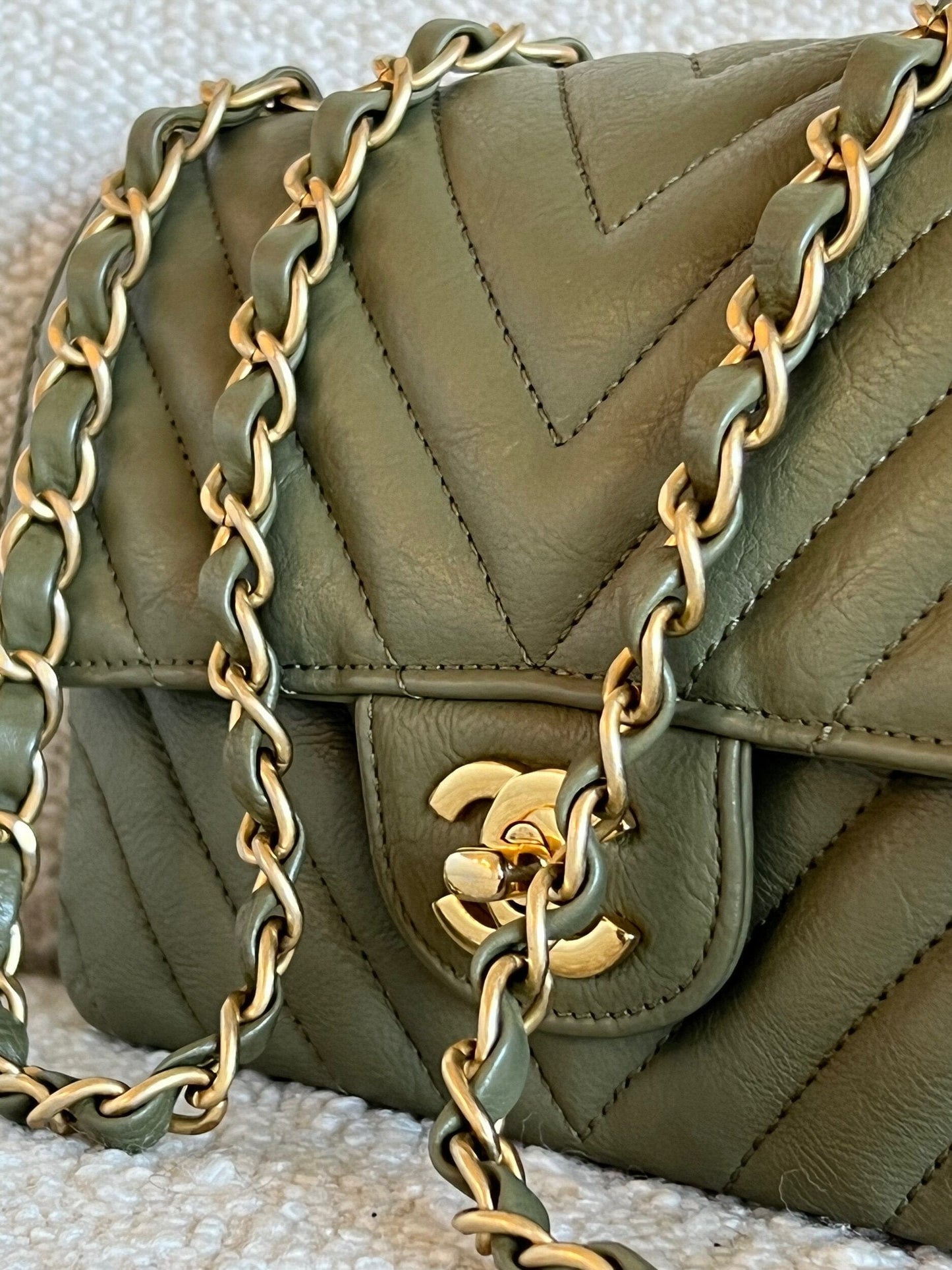 17C Khaki Green Chevron Calfskin Mini Rectangular Flap Brushed GHW