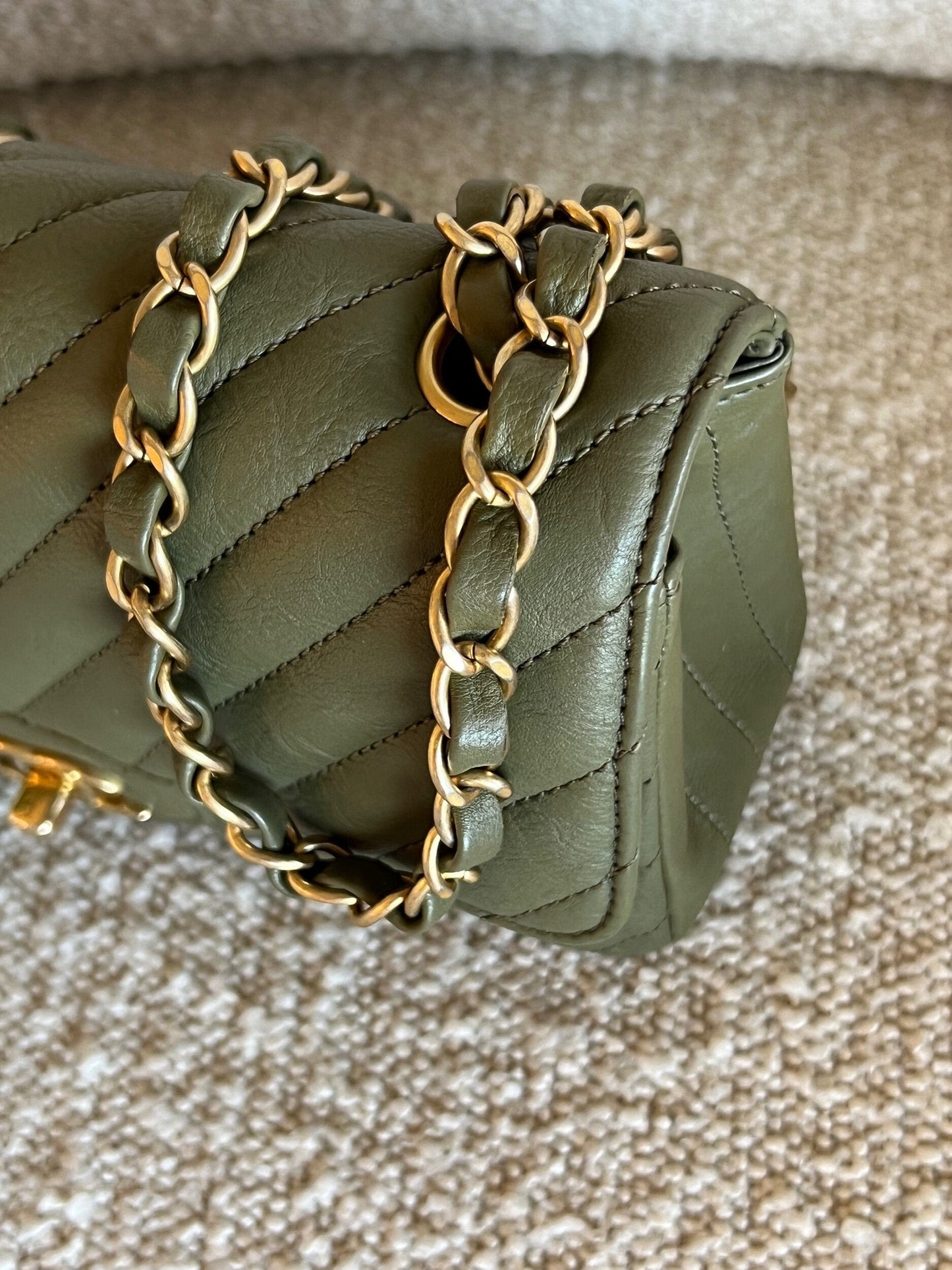 17C Khaki Green Chevron Calfskin Mini Rectangular Flap Brushed GHW