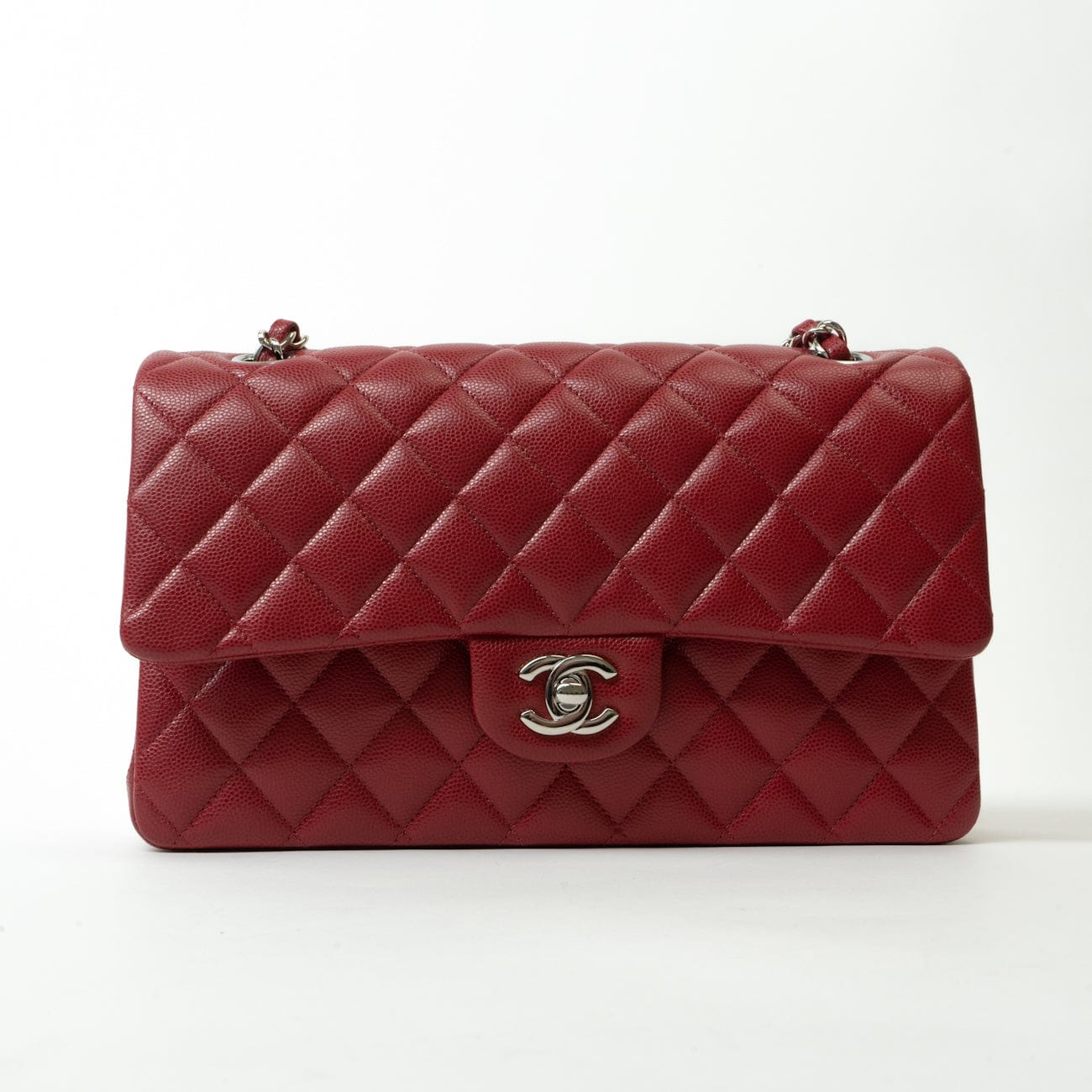 18B Raspberry Red Caviar Quilted Classic Flap Medium Silver Hardware