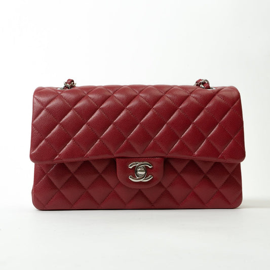 18B Raspberry Red Caviar Quilted Classic Flap Medium Silver Hardware
