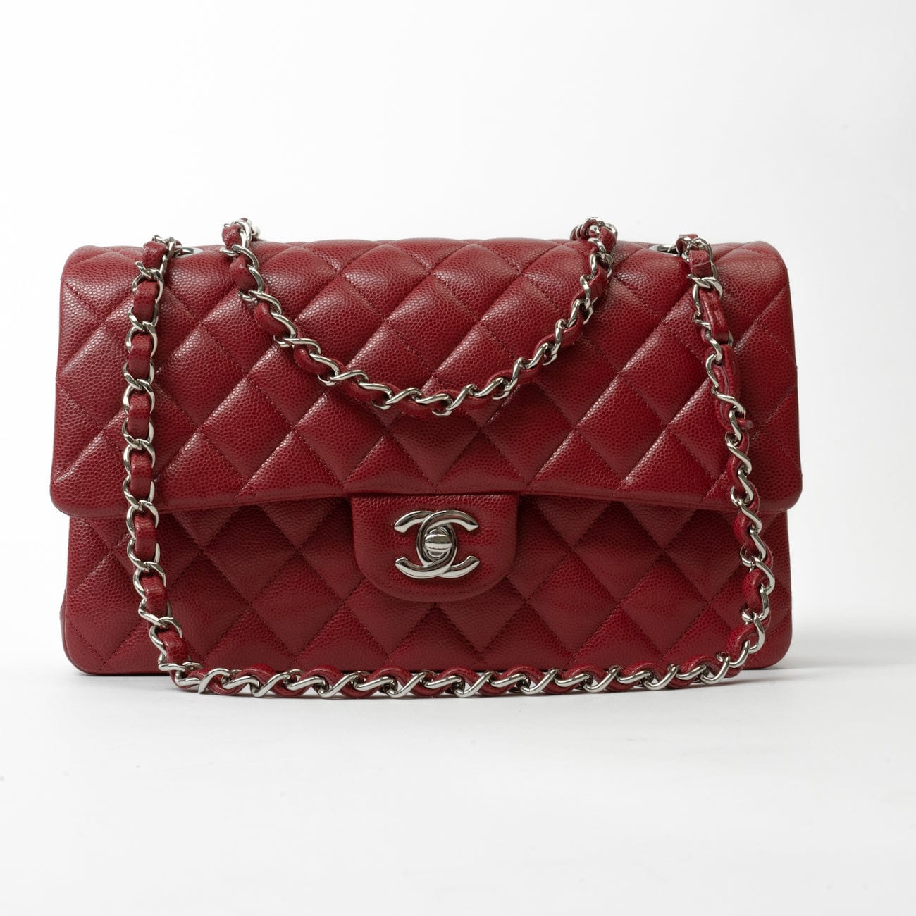 18B Raspberry Red Caviar Quilted Classic Flap Medium Silver Hardware