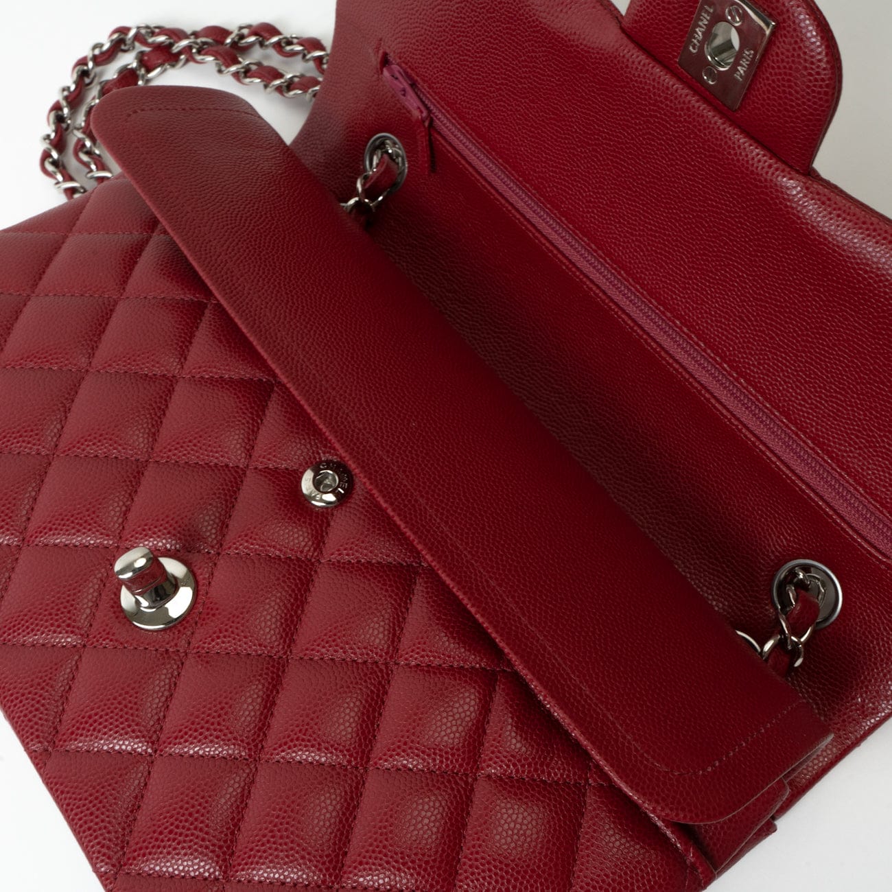 18B Raspberry Red Caviar Quilted Classic Flap Medium Silver Hardware