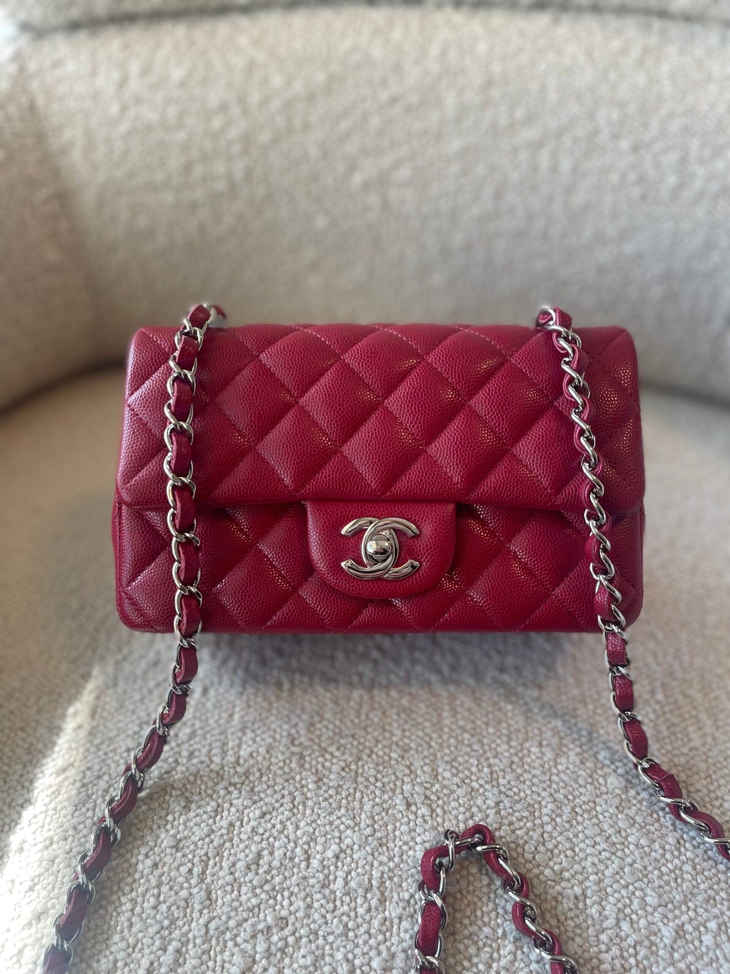 18B Raspberry Red Caviar Quilted Mini Rectangular Single Flap with Light Gold Hardware