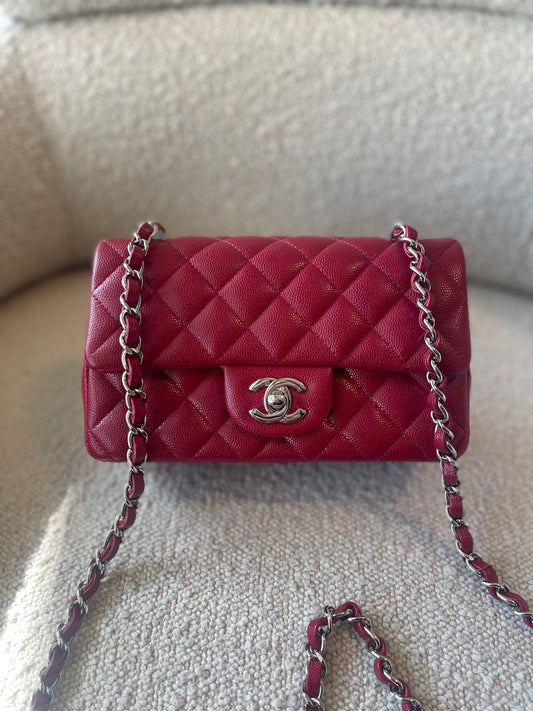 18B Raspberry Red Caviar Quilted Mini Rectangular Single Flap with Light Gold Hardware