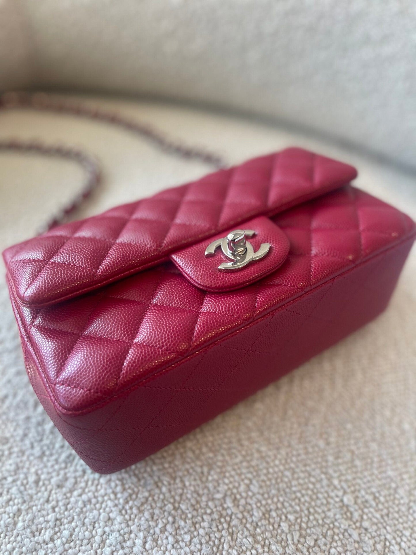 18B Raspberry Red Caviar Quilted Mini Rectangular Single Flap with Light Gold Hardware