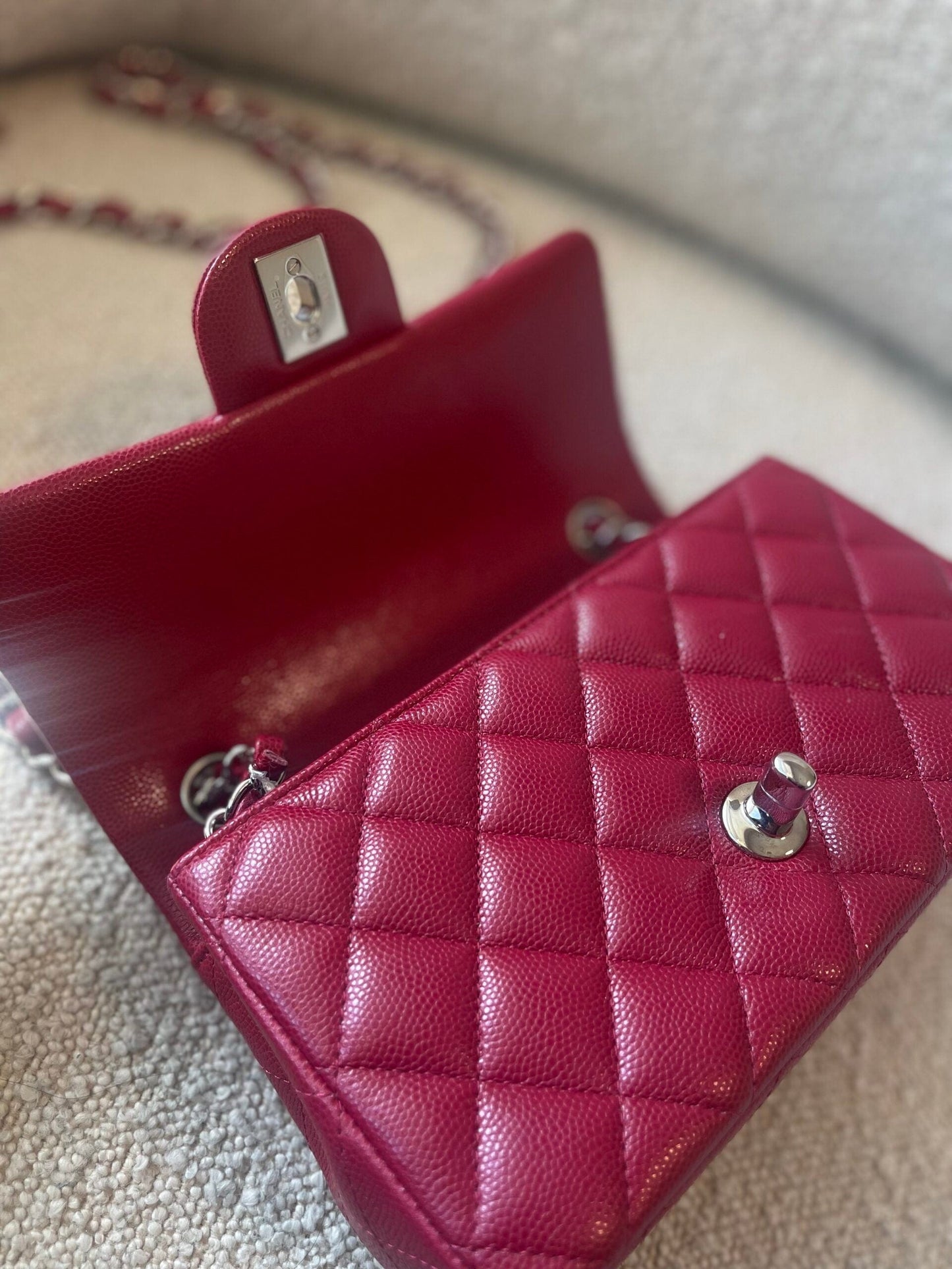 18B Raspberry Red Caviar Quilted Mini Rectangular Single Flap with Light Gold Hardware