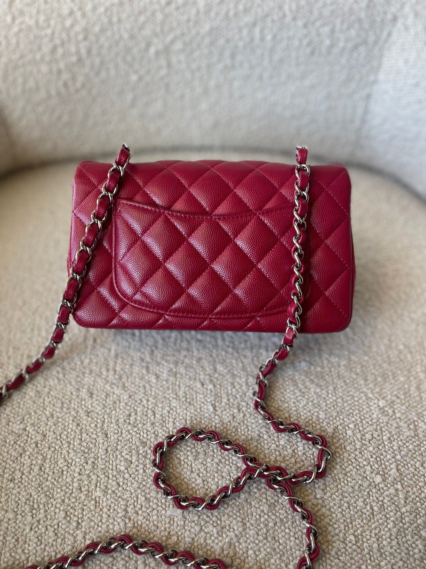 18B Raspberry Red Caviar Quilted Mini Rectangular Single Flap with Light Gold Hardware