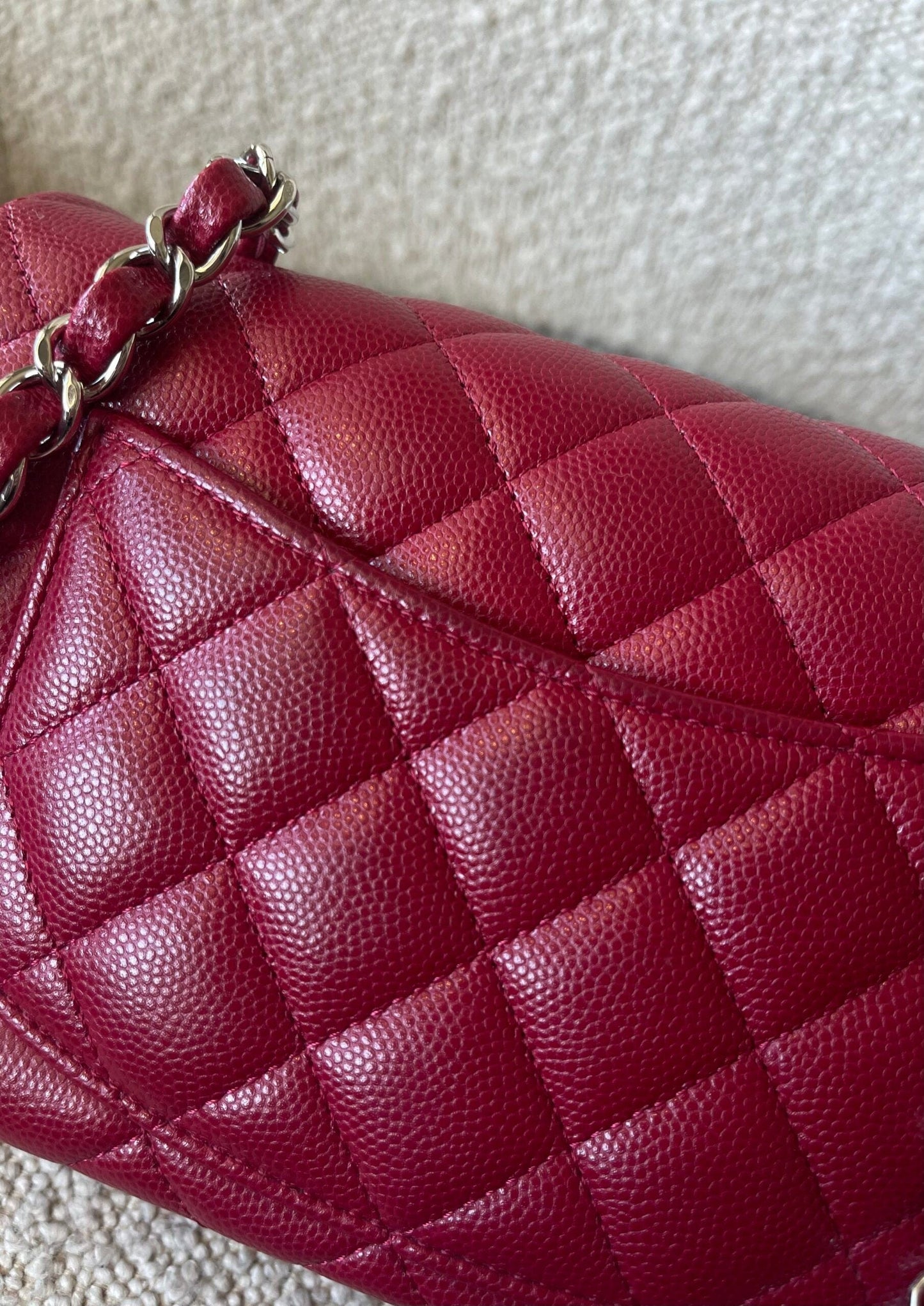 18B Raspberry Red Caviar Quilted Mini Rectangular Single Flap with Light Gold Hardware