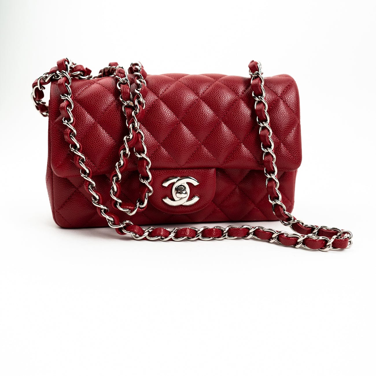 18B Raspberry Red Caviar Quilted Mini Rectangular Single Flap with Silver Hardware