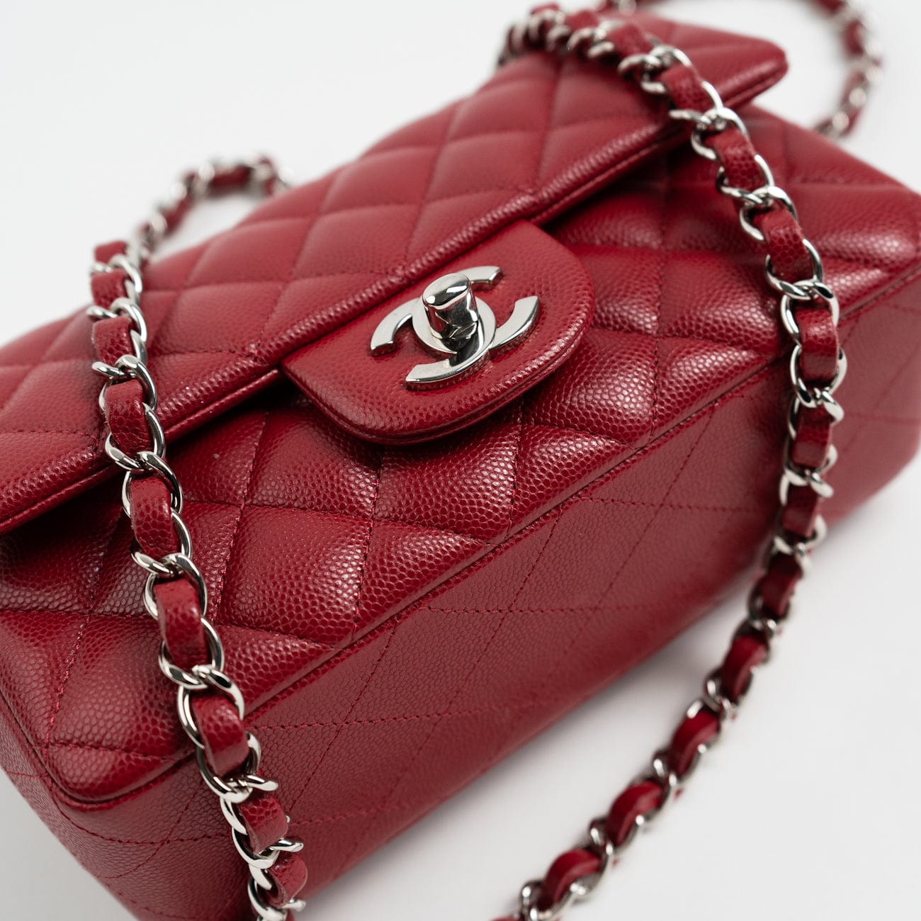 18B Raspberry Red Caviar Quilted Mini Rectangular Single Flap with Silver Hardware