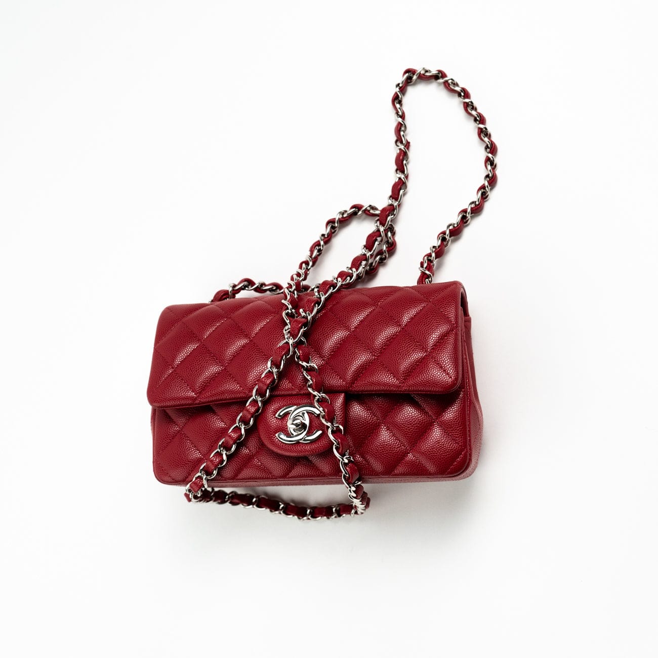18B Raspberry Red Caviar Quilted Mini Rectangular Single Flap with Silver Hardware