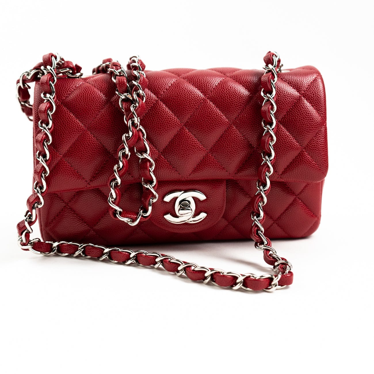 18B Raspberry Red Caviar Quilted Mini Rectangular Single Flap with Silver Hardware