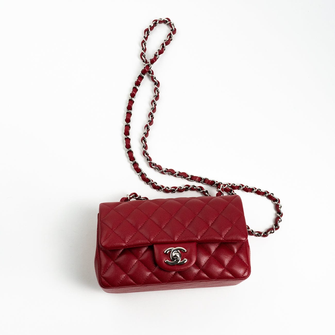 18B Raspberry Red Caviar Quilted Mini Rectangular Single Flap with Silver Hardware