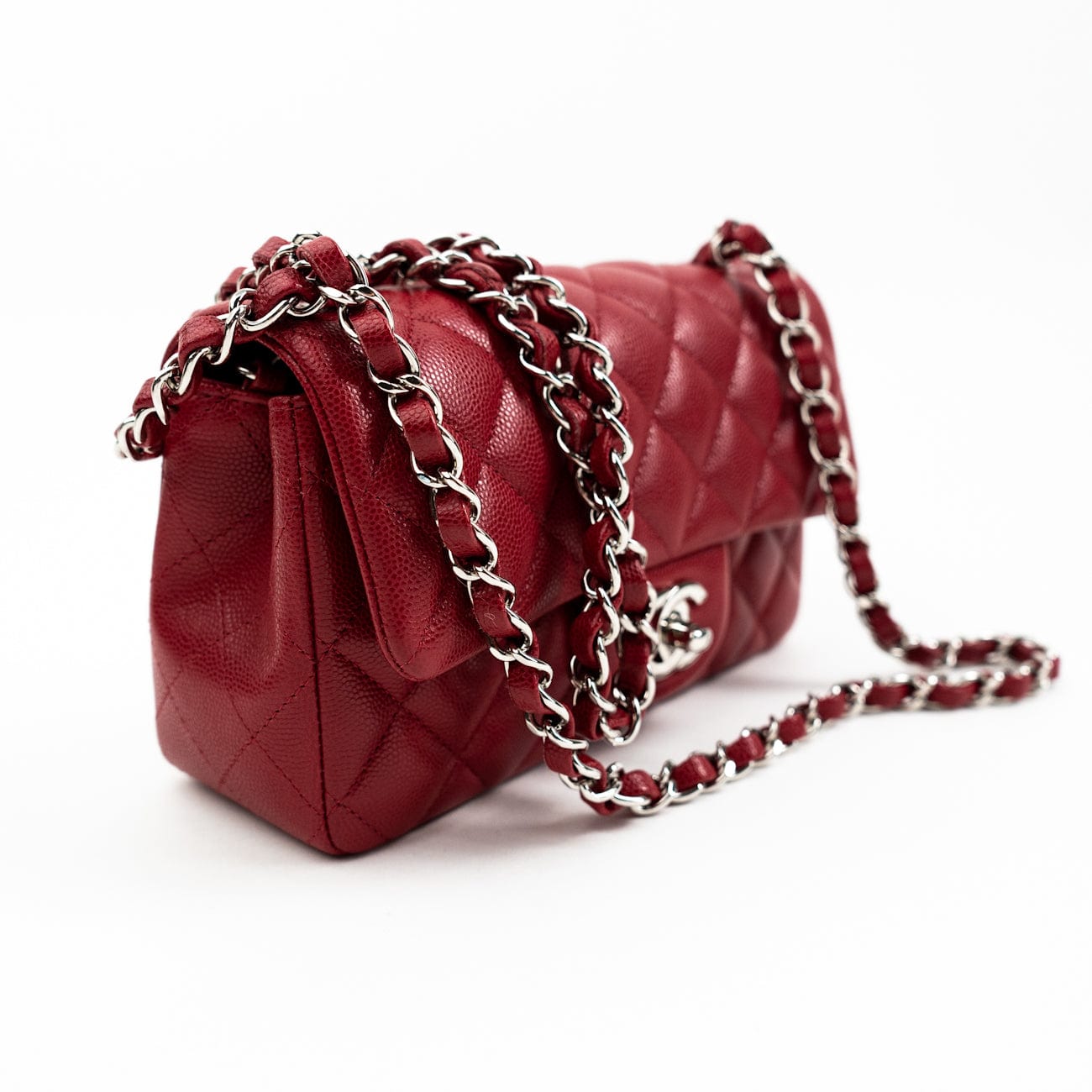 18B Raspberry Red Caviar Quilted Mini Rectangular Single Flap with Silver Hardware