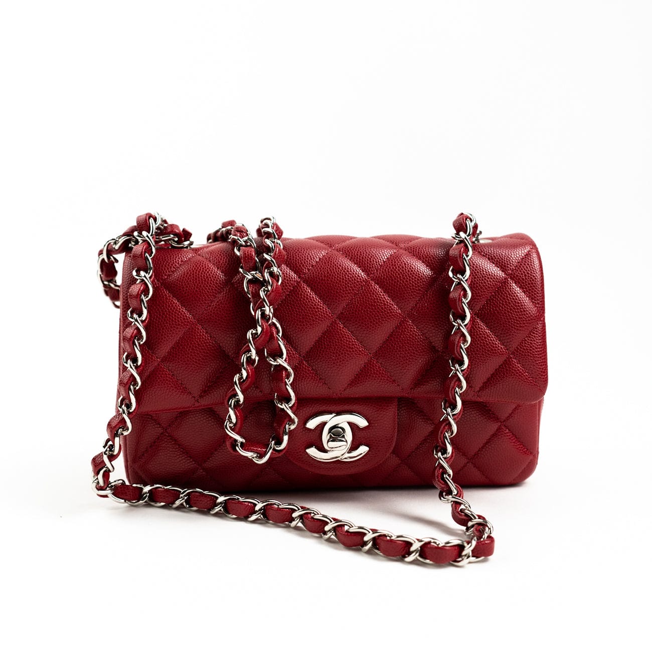 18B Raspberry Red Caviar Quilted Mini Rectangular Single Flap with Silver Hardware