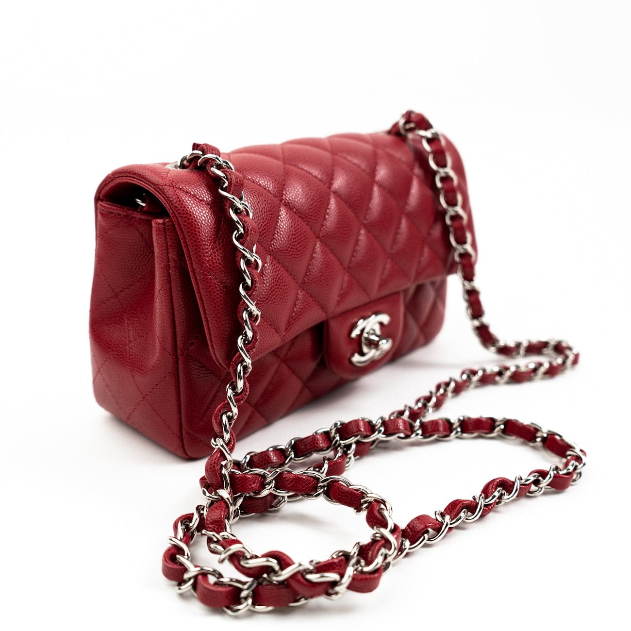 18B Raspberry Red Caviar Quilted Mini Rectangular Single Flap with Silver Hardware