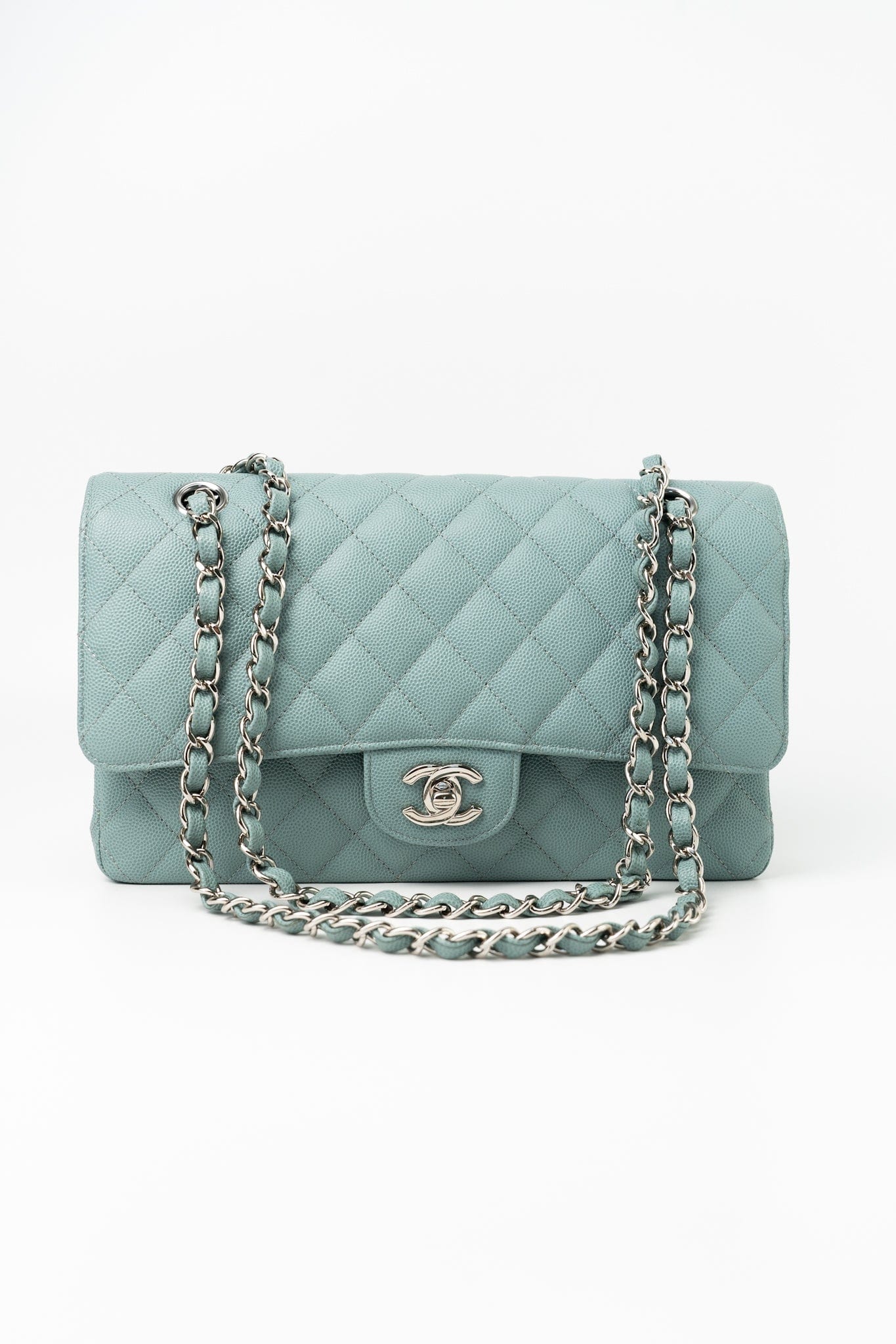 18C Light Blue Caviar Quilted Medium Classic Flap Edge Stitching Silver Hardware