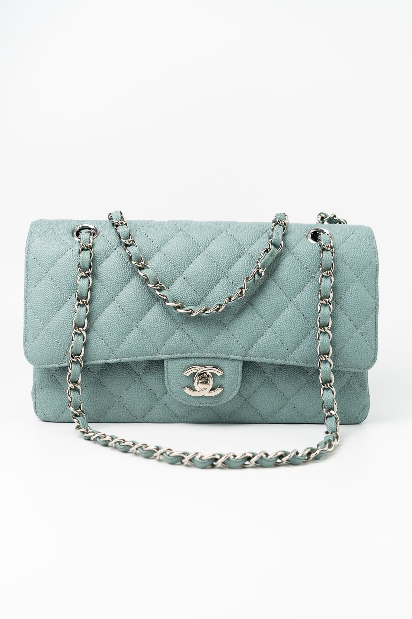 18C Light Blue Caviar Quilted Medium Classic Flap Edge Stitching Silver Hardware