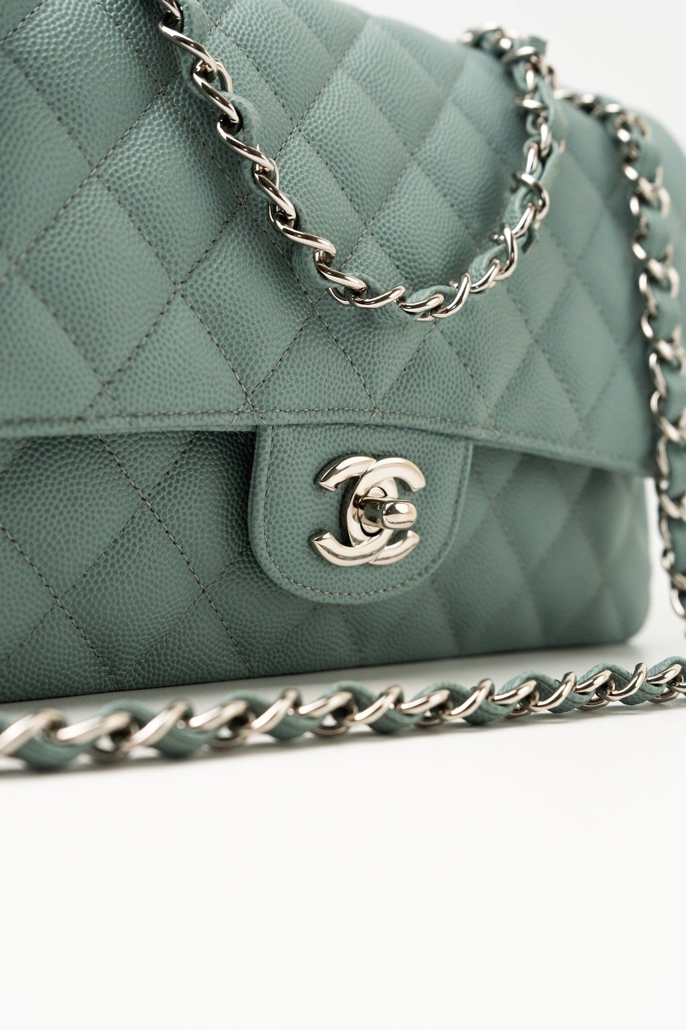 18C Light Blue Caviar Quilted Medium Classic Flap Edge Stitching Silver Hardware